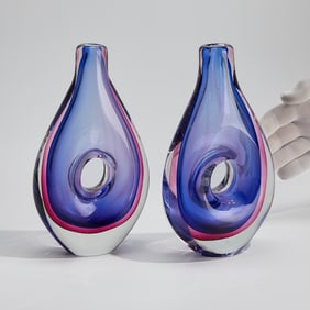 Pr Flavio Poli Hand-Blown Art Glass "Forato" Vases