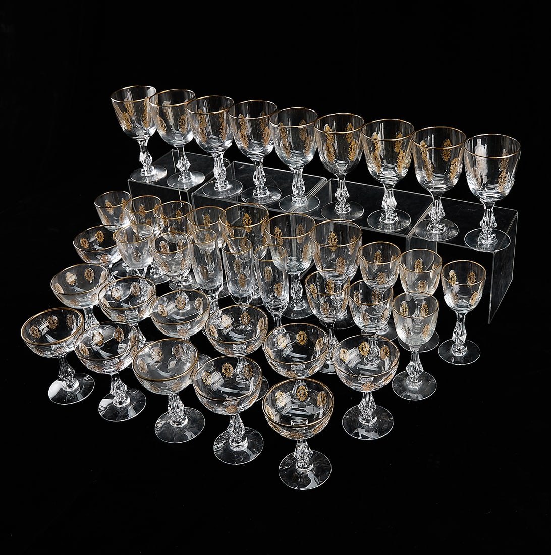 39 Pc Tiffin Franciscan Palais Versailles Stemware: Tiffin Glass Company, United States. Set of 39 glass crystal stemware in pattern "Palais Versailles," ca. 1954-1989. Including three champagne flutes, 12 wine glasses, 12 martini glasses, and 12 goble