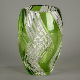 Val St. Lambert Cut Glass Emerald Overlay Vase