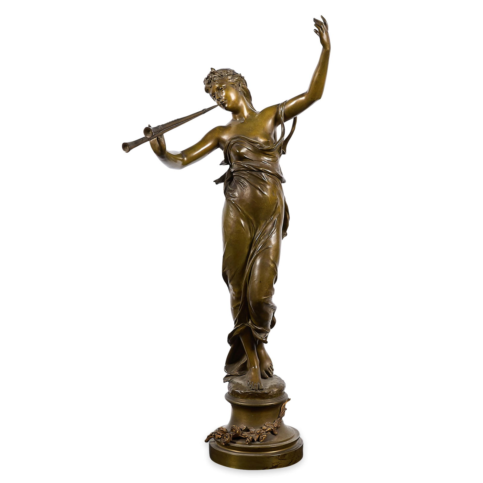 Eugene Marioton "Femme Jouant Double Flute" Bronze: Eugene Marioton (French, 1857-1933). Bronze sculpture titled "Femme Jouant de la Double Flute," or possibly "Muse des Bois," 19th century. Depicting an Art Nouveau-style woman playing the flute. With