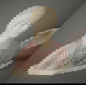 20th c. Italian School "Beatrice" Marble Bust: Early 20th century Italian marble and alabaster bust depicting a female with downcast eyes on raised rectangular plinth resembling "Beatrice," a central figure in Dante Alighieri’s poem "La Vita Nuo