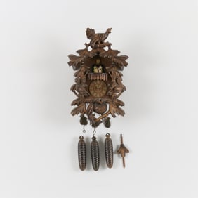 Carved Wood Reuge Cuckoo Clock w/ Pinecone Weights