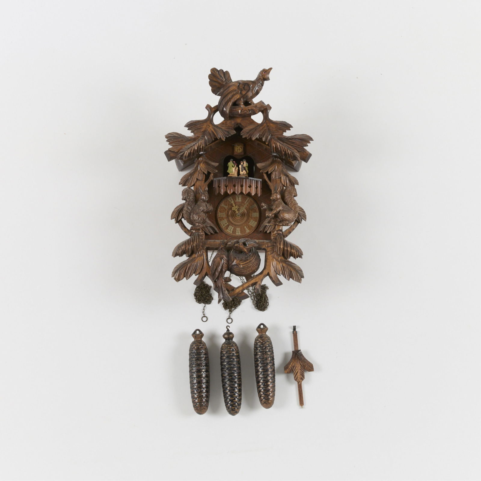 Carved Wood Reuge Cuckoo Clock w/ Pinecone Weights (1 of 4)