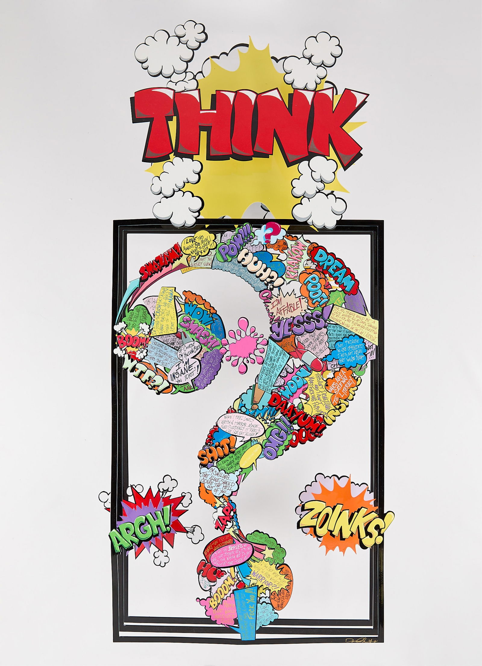 David Kracov "Thinking Outside the Box" Sculpture: David Kracov (American, b. 1968). 3D metal wall sculpture titled "Thinking Outside the Box," depicting a vibrant question mark composed of comic-style quotes, such as "Zoinks!" and "Argh!" in colorful