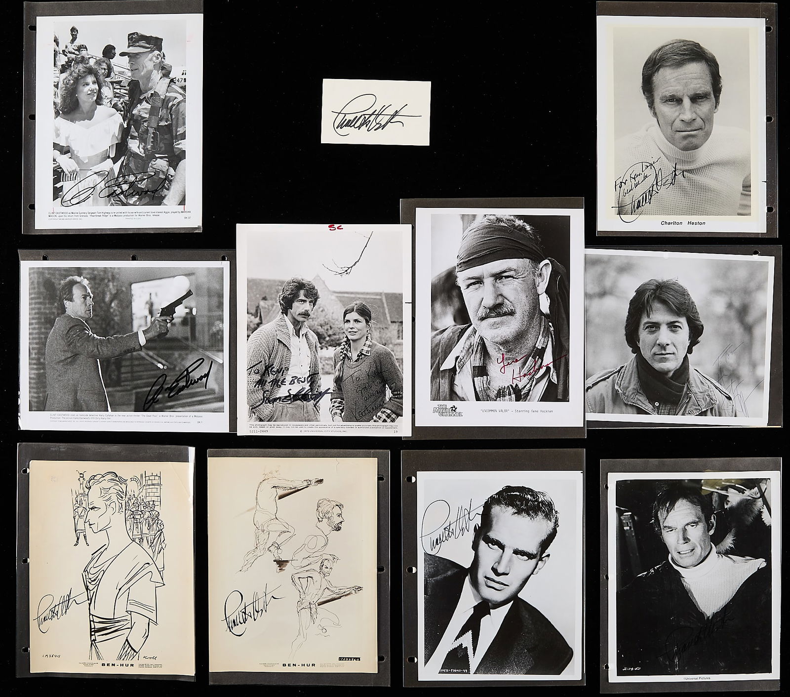 21 Celeb Autographs - Eastwood, Hackman, & More: Group of 21 celebrity autographs including: four Clint Eastwood, one Sam Elliot & Katharine Ross, one Gene Hackman, ten Charlton Heston, and two Dustin Hoffman.(Shipping Dimensions) height: 11 in x wi