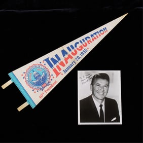 Signed Ronald Reagan Photograph & 1985 Pennant