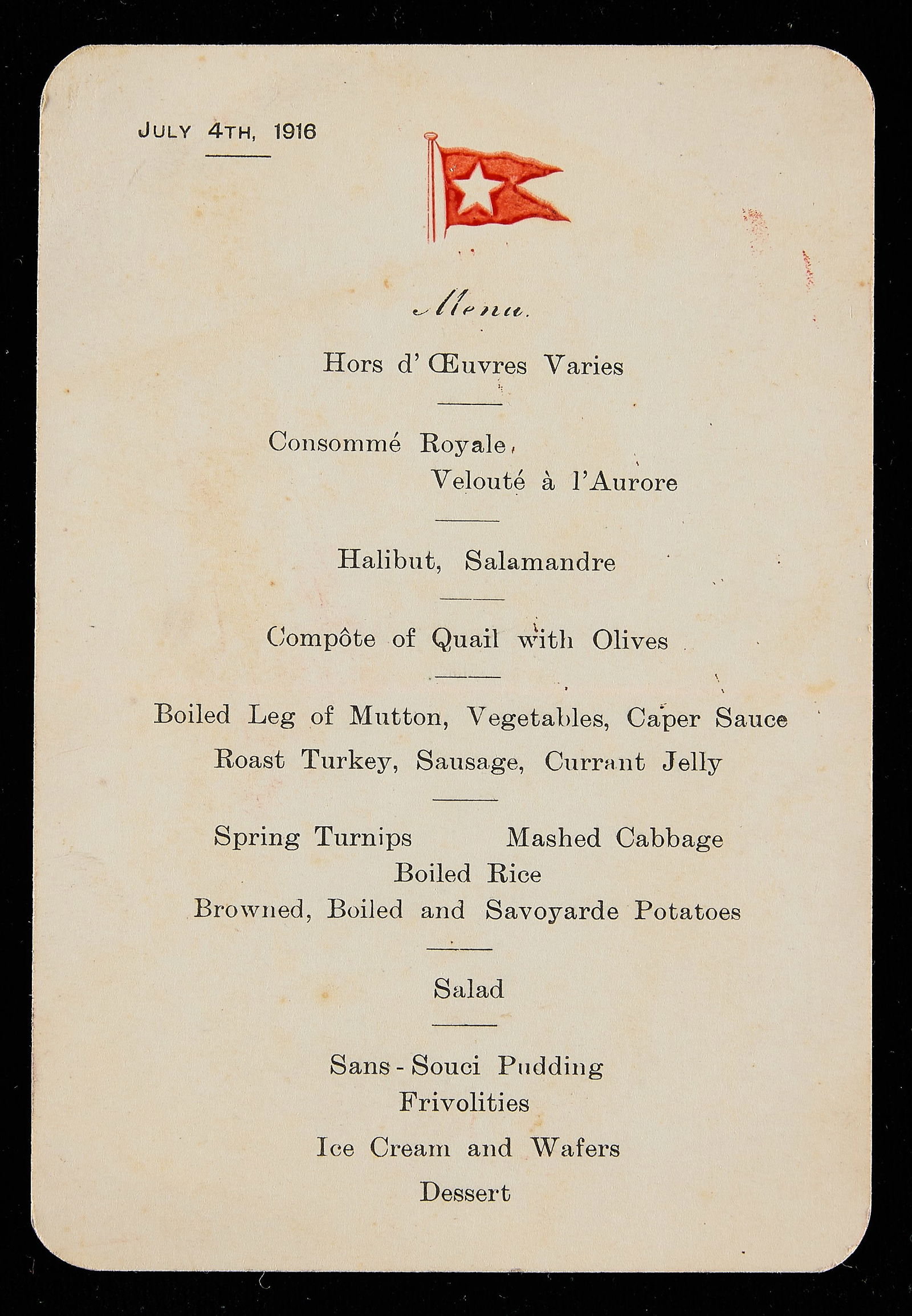 White Star Line Menu July 4, 1916 (1 of 3)