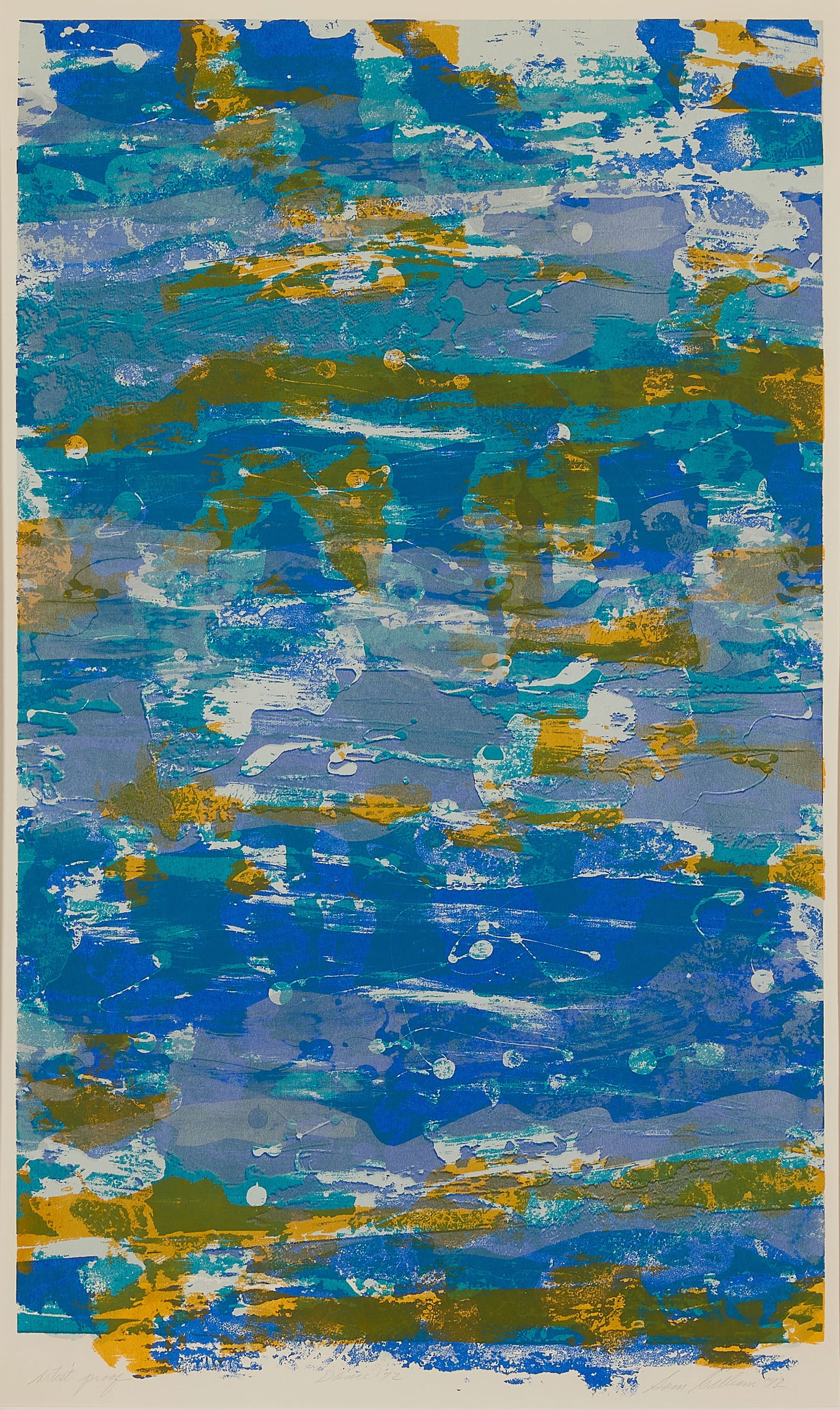 Sam Gilliam "Dance '72" Blue Screenprint: Sam Gilliam (American, 1933-2022). Color screenprint on paper titled "Dance '72," 1972. Depicting an abstract composition composed of prominent horizontal bands of color, including various shades of b