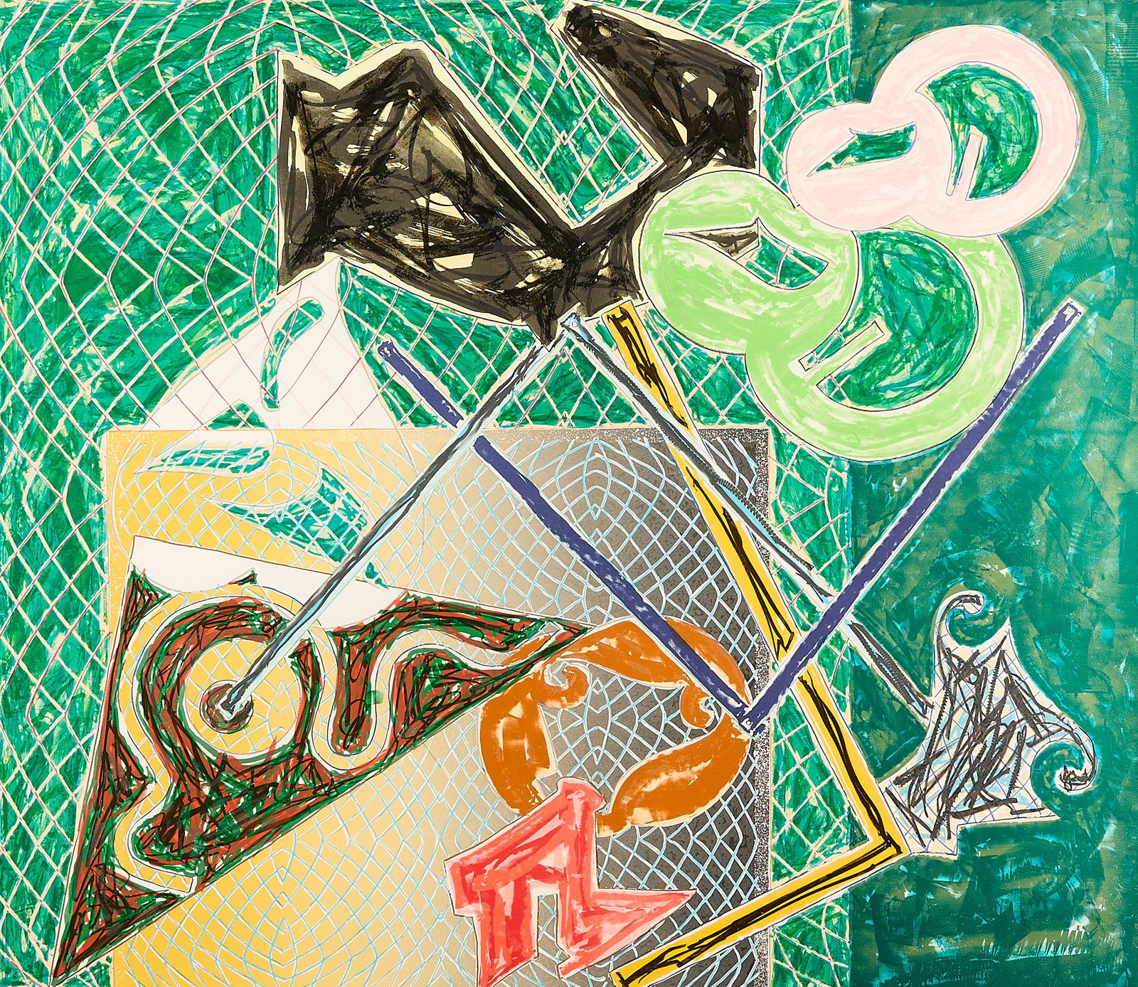 Frank Stella "Shards V" Print 1982: Frank Stella (American, 1936-2024). Lithograph and screenprint in colors on Arches Cover paper titled "Shards V," from the "Shards" series, 1982. Published by Petersburg Press, New York. Pencil signed