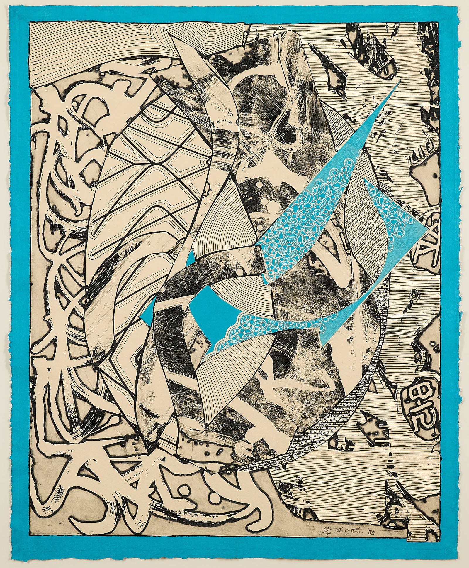 Frank Stella "Swan Engraving Blue" Print: Frank Stella (American, 1936-2024). Color etching with relief and graphite on paper titled "Swan Engraving Blue," from the "Swan Engraving" series, 1983. Pencil signed, numbered 29/30, and dated along