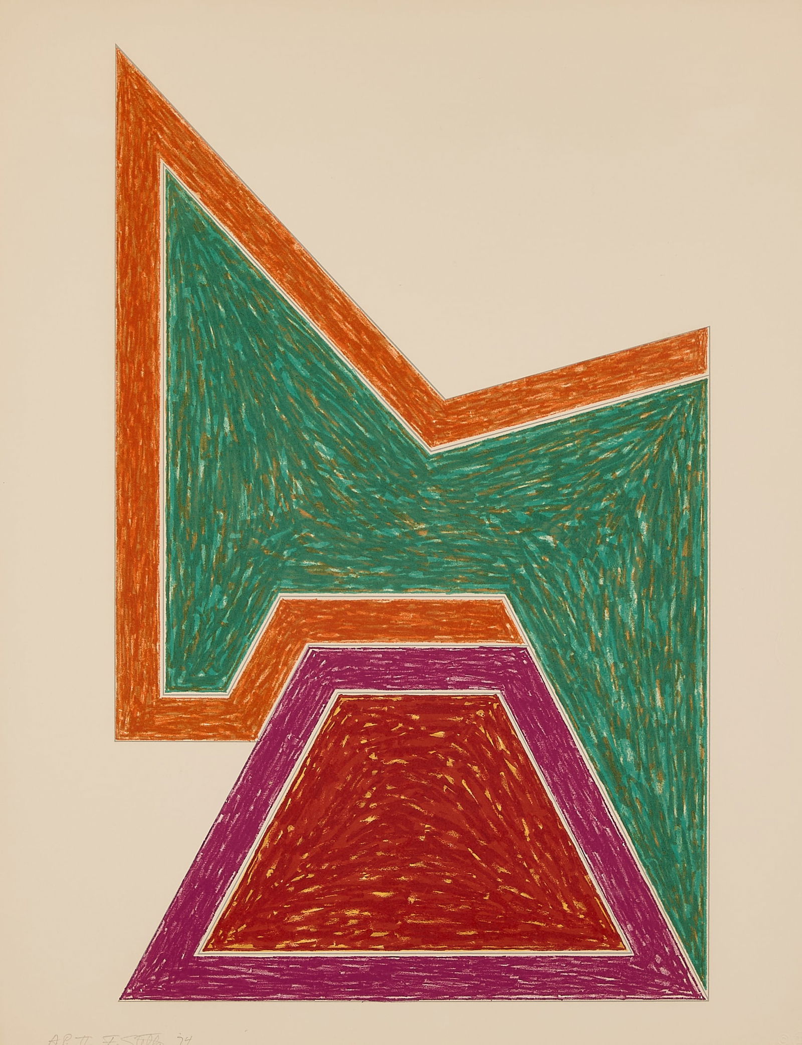 Frank Stella "Wolfeboro" Lithograph 1974: Frank Stella (American, 1936-2024). Lithograph and screenprint in colors on Arches wove paper titled "Wolfeboro," from the "Eccentric Polygons" portfolio, 1974. Published by Gemini G.E.L. Pencil signe