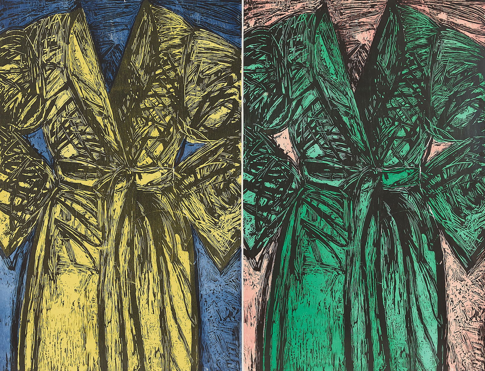 Large Jim Dine "Kindergarten Robes" Woodcut: Jim Dine (American, b. 1935). Very large woodcut on paper titled "Kindergarten Robes," 1983. Depicting two bathrobes, one in yellow and one in green. Pencil signed, dated, and numbered 32/75 along