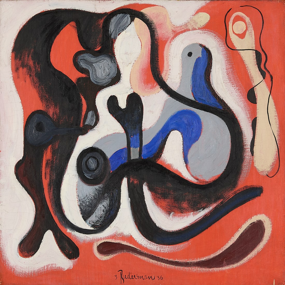 Charles Biederman Abstract Painting 1936: Charles Biederman, born Karel Joseph Biederman (American, 1906-2004). Oil on canvas painting depicting amorphous objects in orange, black, blue, and white, 1936. Signed and dated along the lower