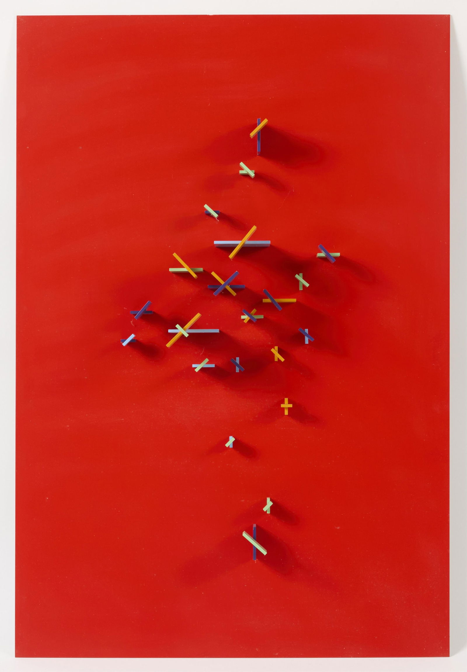 Charles Biederman Structurist Relief #7 Sculpture: Charles Biederman, born Karel Joseph Biederman (American, 1906-2004). Painted aluminum 'Structurist Relief' sculpture titled "#7" depicting a three-dimensional geometric abstract composition in bright