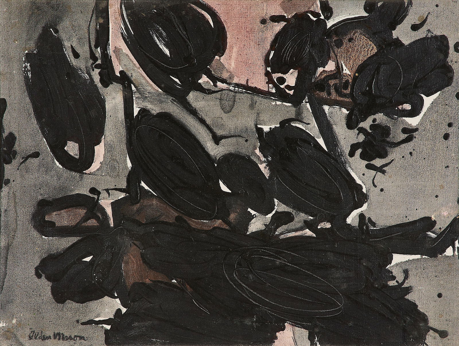 Alden Mason Abstract Oil on Board: Alden Mason (American, 1919-2013). Oil on board abstract painting in deep blacks, gray, and pink, 1959. Signed along the lower left. Further signed, titled, and dated along the verso. Label from