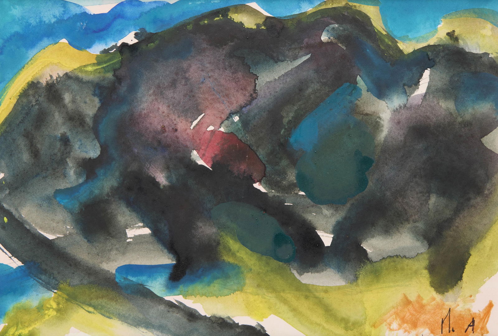 Mary Abbott Abstract Expressionist Painting: Mary Lee Abbott (American, 1921-2019). Abstract expressionist watercolor painting on paper in blue, black, red, and yellow. Initialed along the lower right. Further signed and inscribed "MAC 2-2477"