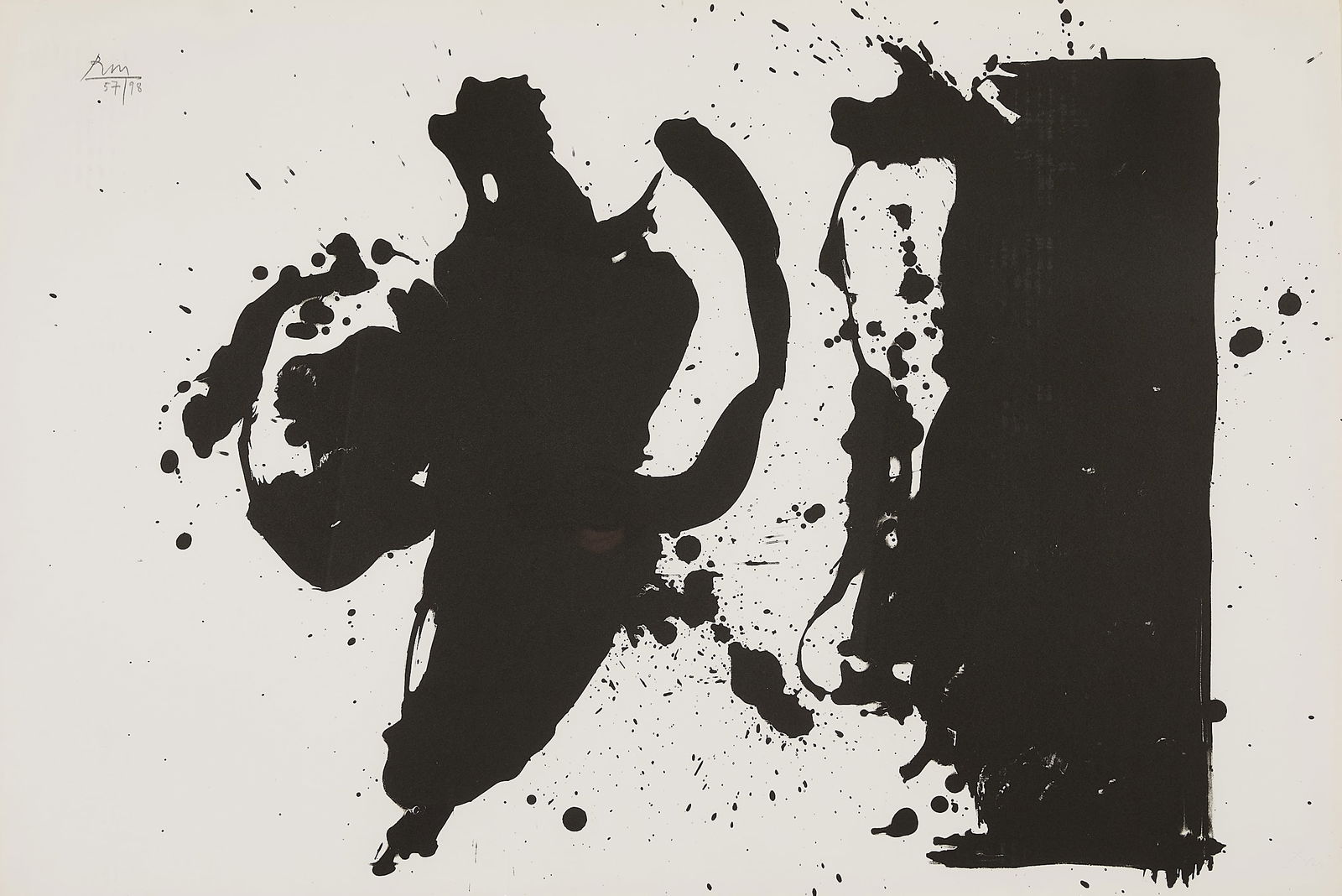 Robert Motherwell "Elegy Study" Lithograph 1979: Robert Motherwell (American, 1915-1991). Lithograph on Twinrocker handmade paper titled "Elegy Study," 1979. Pencil initialed and numbered 57/98 along the upper left; blindstamp along the lower