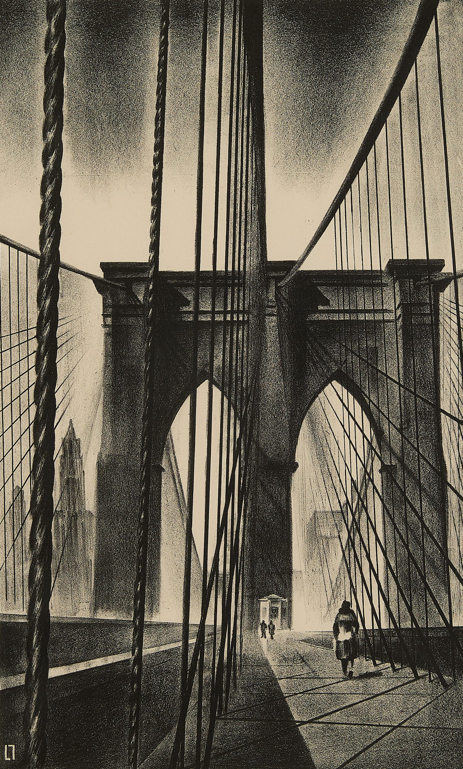 Louis Lozowick "Brooklyn Bridge" Lithograph 1930: Louis Lozowick (Ukrainian/American, 1892-1973). Lithograph on wove paper titled "Brooklyn Bridge," 1930. Pencil signed and dated along the lower right; blindstamp along the lower left. Labels from the