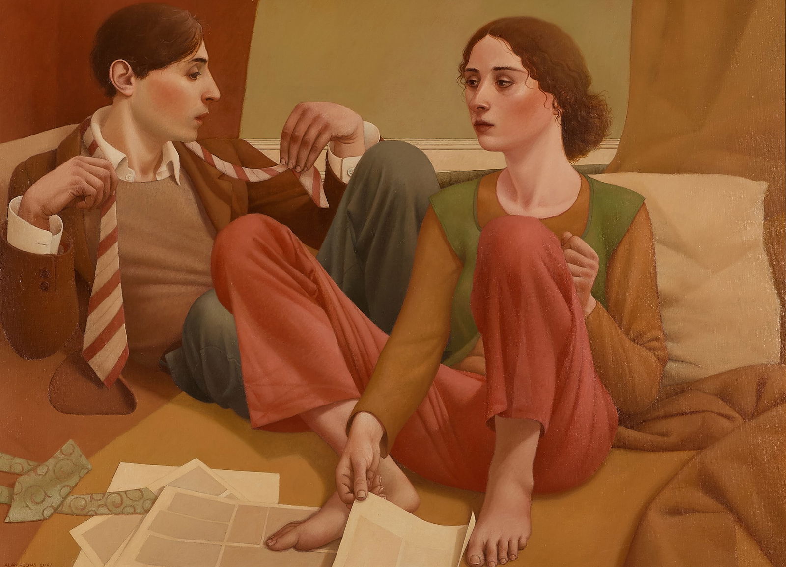 Alan Feltus "Two Ties" Oil Painting 2001: Alan Feltus (American, b. 1943). Oil on canvas painting titled "Two Ties," 2001. Signed and dated along the lower left; further signed, dated, and titled along the verso.Provenance: Forum Gallery, New