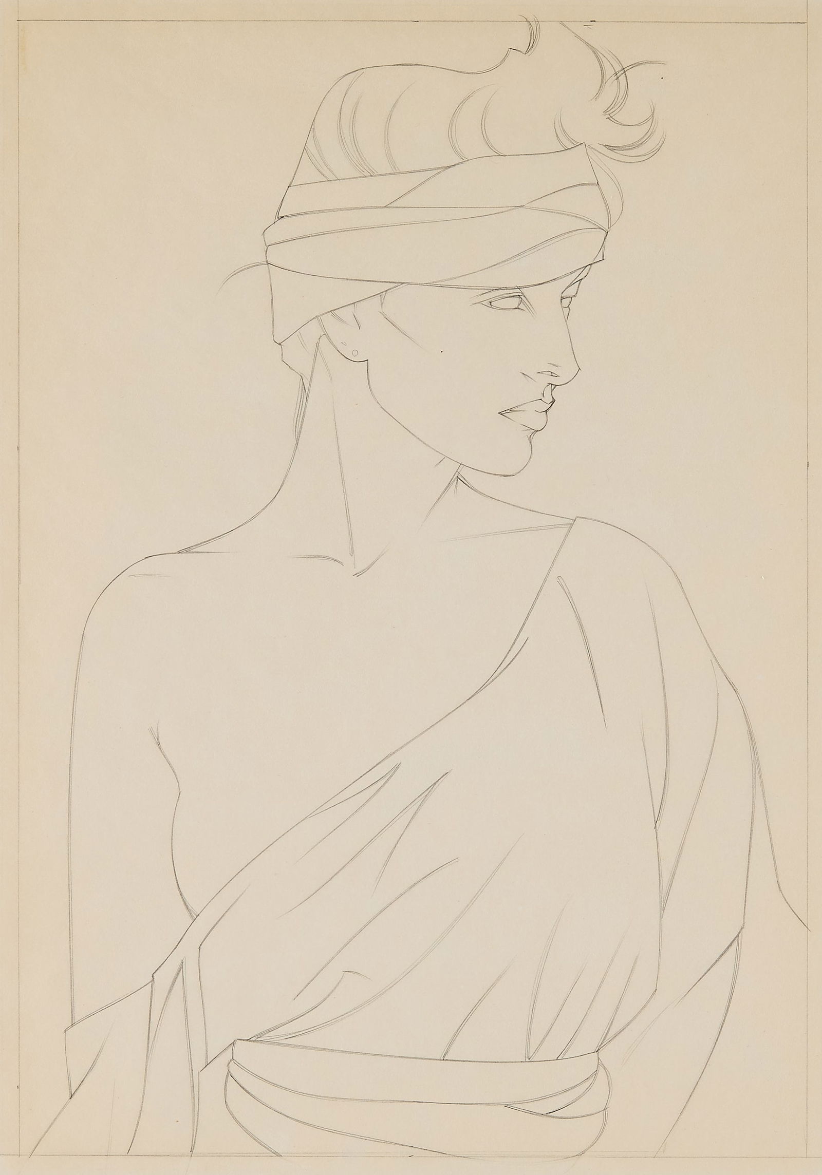 Patrick Nagel Partially Nude Woman Drawing: Patrick Nagel (American, 1945-1984). Graphite on transfer paper sketch depicting a woman with a partially exposed breast wearing a bandana. Pencil inscribed "23" along the lower right corner.Literatur