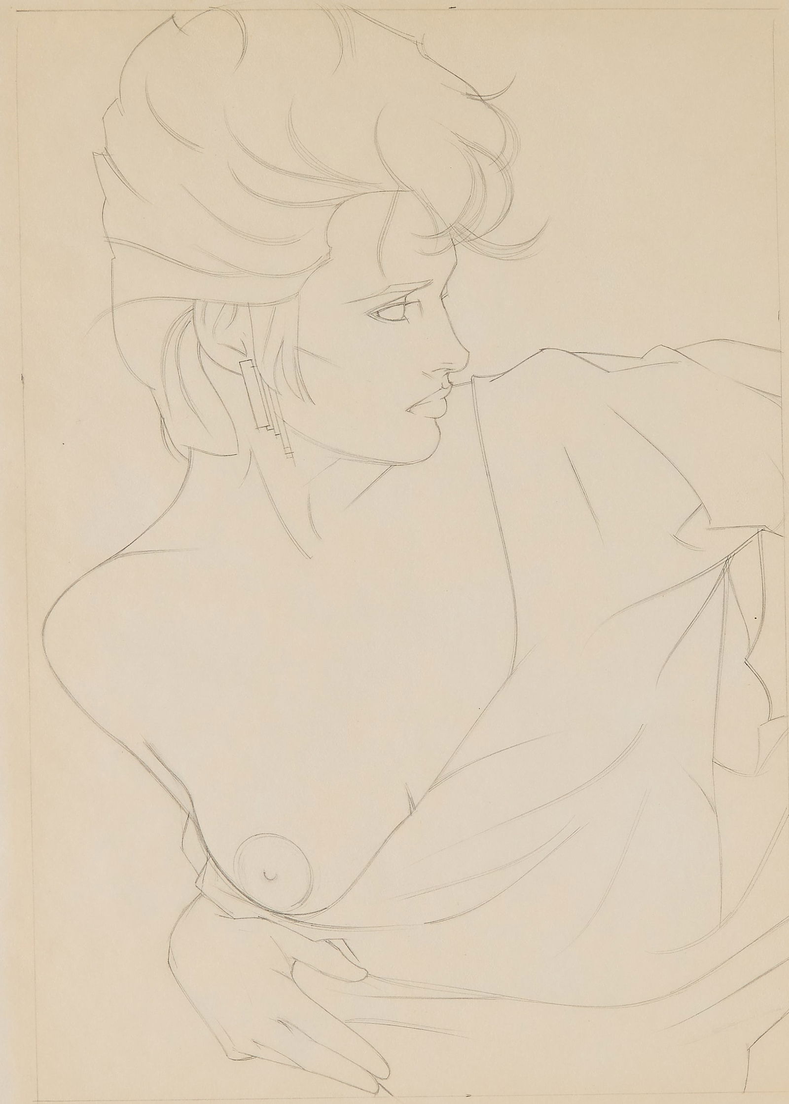Patrick Nagel Nude Woman Drawing: Patrick Nagel (American, 1945-1984). Graphite on transfer paper sketch depicting a lounging woman with an exposed breast. Pencil inscribed "PND 128" along the lower right corner. Minute piece of tape