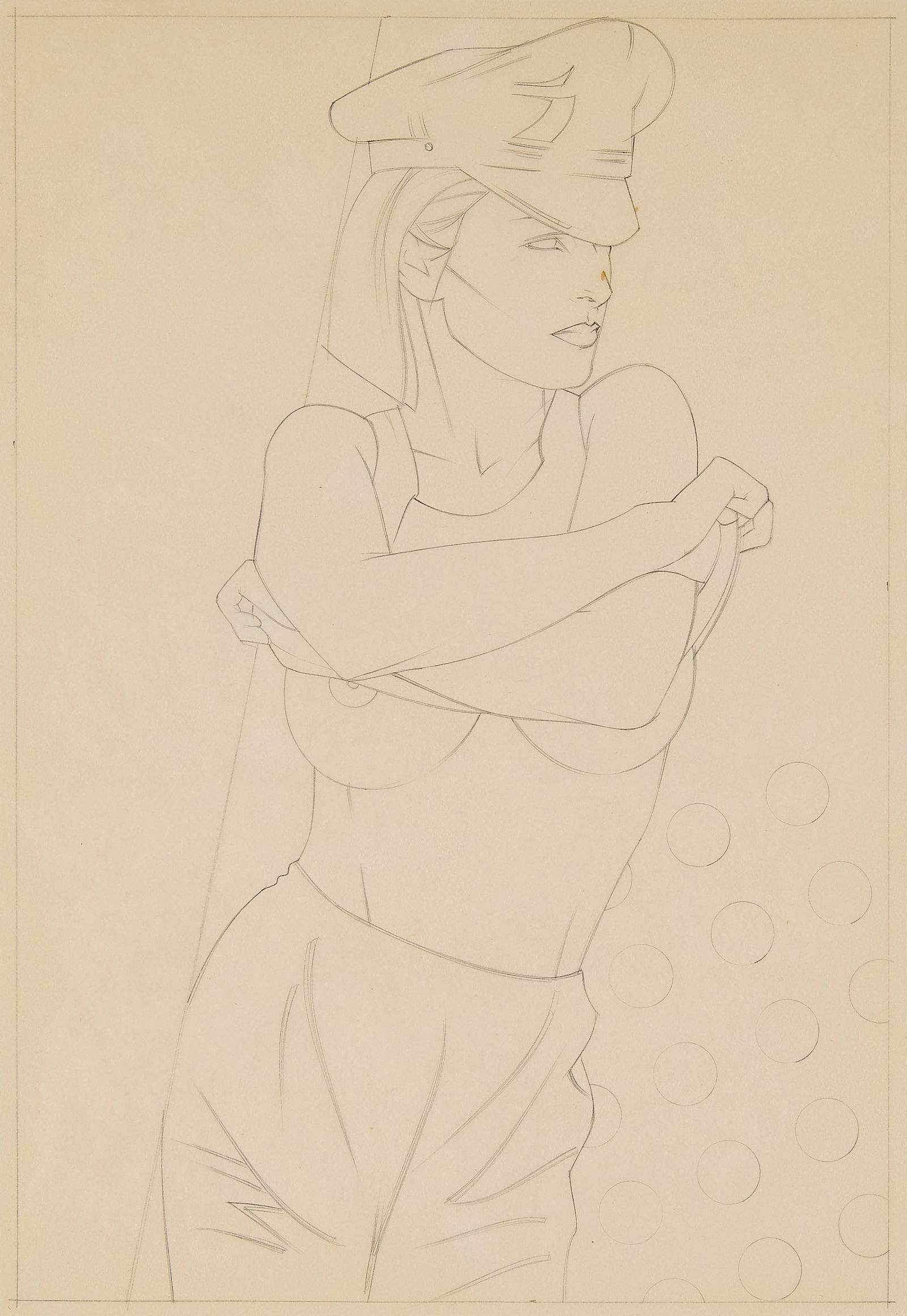 Patrick Nagel Undressing Woman Drawing: Patrick Nagel (American, 1945-1984). Graphite on transfer paper sketch depicting a woman undressing. She wears military-like clothing with dots in the background. Pencil inscribed "21" along the lower