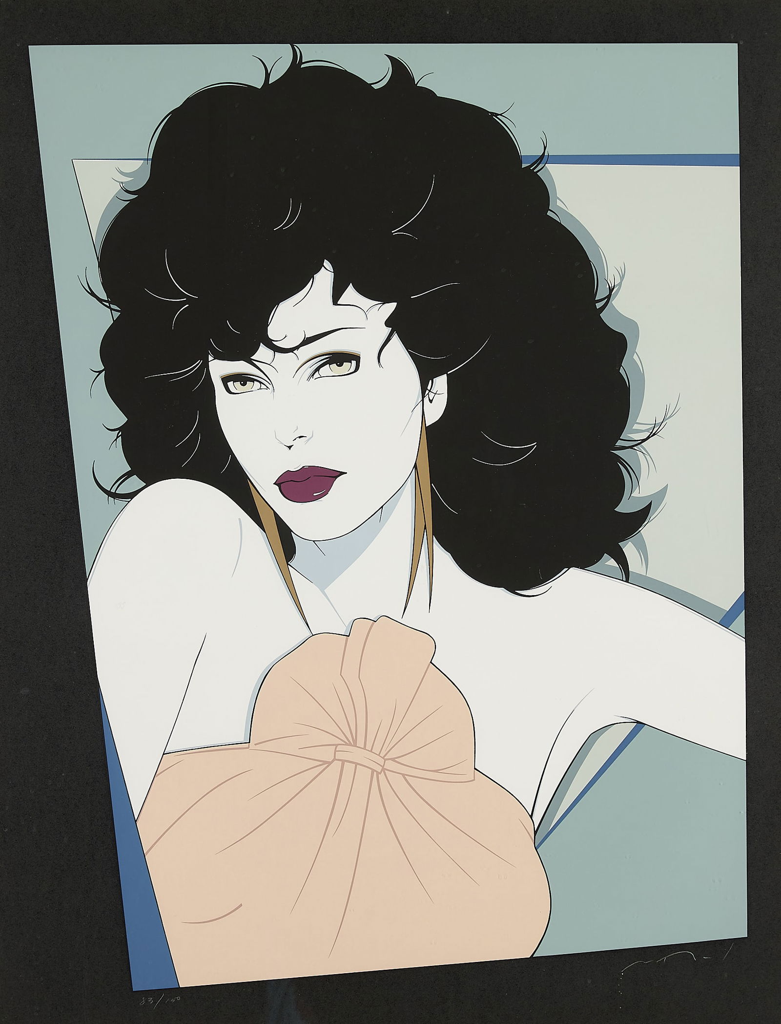 Patrick Nagel "Joan Collins" Serigraph Print: Patrick Nagel (American, 1945-1984). Serigraph or silkscreen on paper print depicting a stylized portrait of Joan Collins rendered with jet-black, curly hair, stark white skin, and dark purple