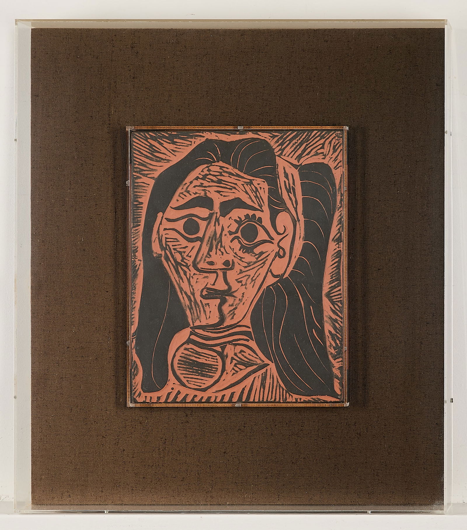 Picasso "Femme au Cheveux Flous" Ceramic Tile 1964: Pablo Picasso (Spanish, 1881-1973). Red earthenware with black engobe tile titled "Femme au cheveux flous (Woman with Flowing Hair)," 1964. Depicting a cubist rendering of a female, likely Jacqueline