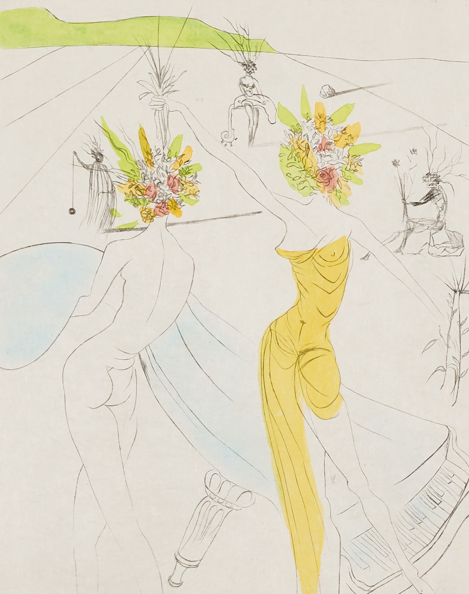Salvador Dali "Le Femmes-Fleurs au Piano" Print: Salvador Dali (Spanish, 1904-1989). Hand-colored etching on Japon paper titled "Le Femmes-Fleurs au Piano," 1969. Pencil signed along the lower right; numbered LII/C along the lower left. With a