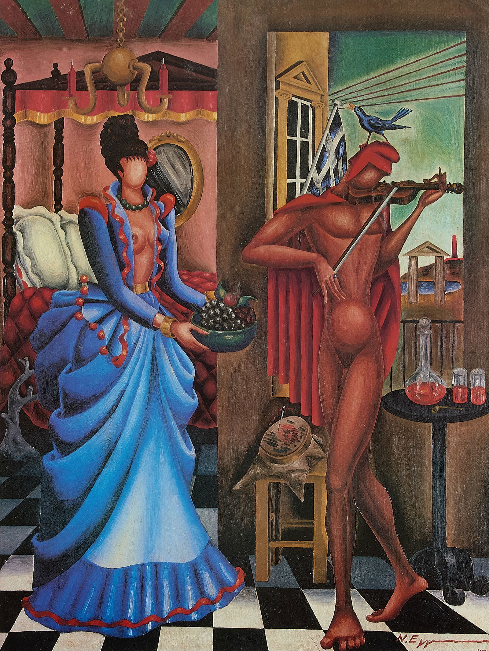 Nikos Engonopoulos "The Poet and Muse" Lithograph: Nikos Engonopoulos (Greek, 1907-1985). Lithograph titled "The Poet and His Muse," depicting two surrealist figures. Signed and dated 1947 in print along the lower right. Further pencil signed and