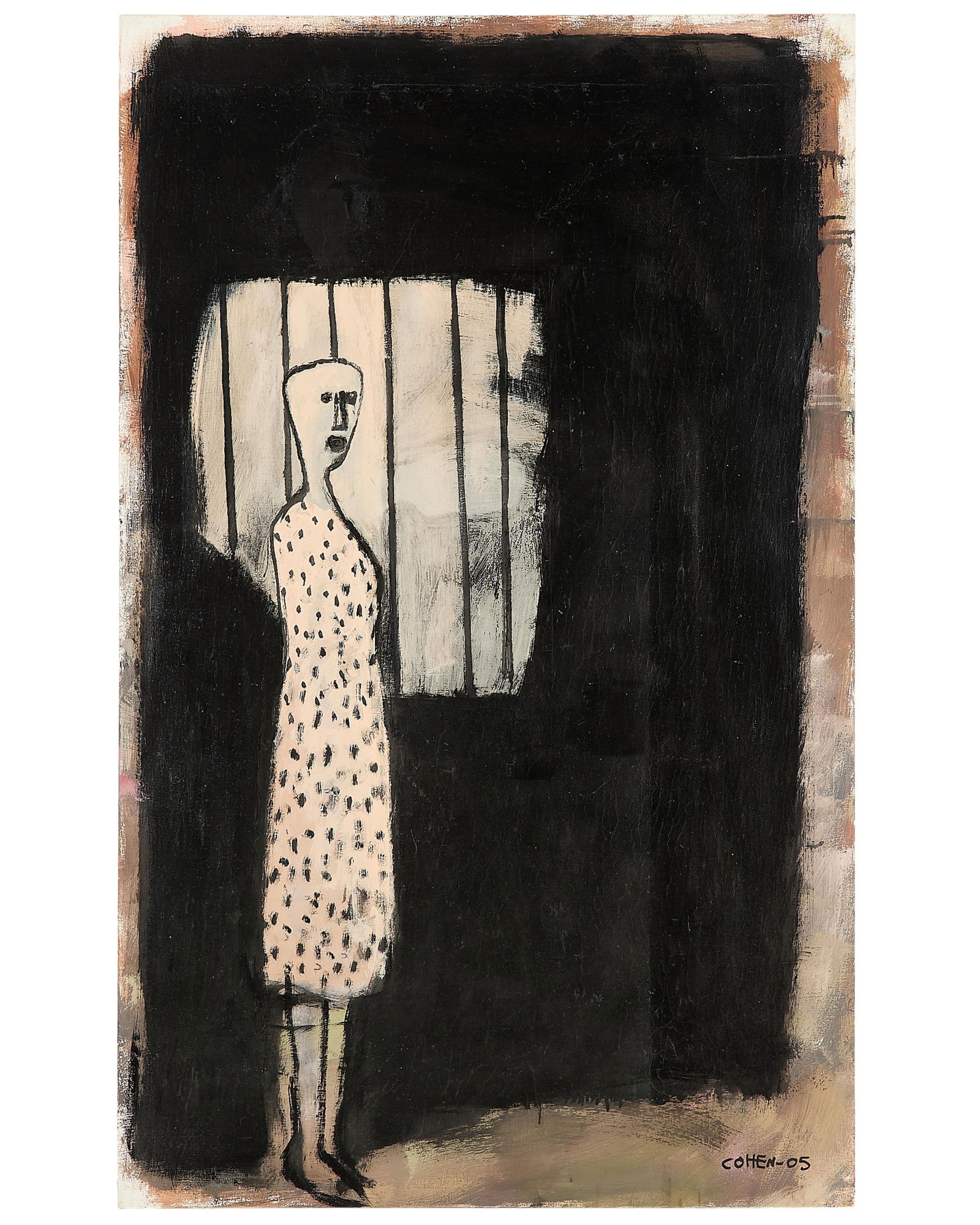 Moti Cohen "11/58" Acrylic on Canvas 2005: Mordechay (Moti) Cohen (Israeli, b. 1945). Acrylic on canvas painting titled "11/58" depicting a solitary, elongated figure in a dotted dress standing before a barred window, 2005. Signed and dated