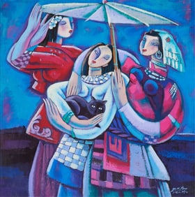 Yihang Pan "Three Girls with Black Cat" Painting