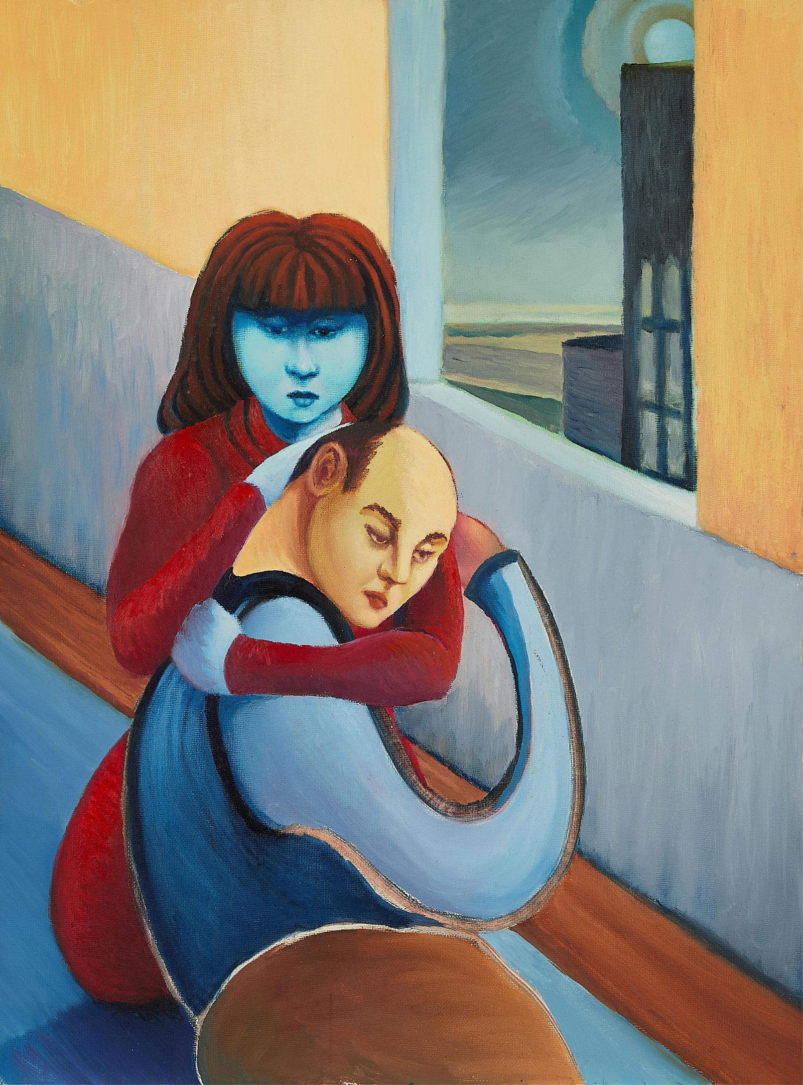 Terry Kilburn Surrealist Figures Oil Painting: Terry Kilburn (English/American, b. 1926). Oil on canvas painting depicting two surrealist figures locked in an embrace. Initialed along the verso. Kilburn is best known for his iconic performances in
