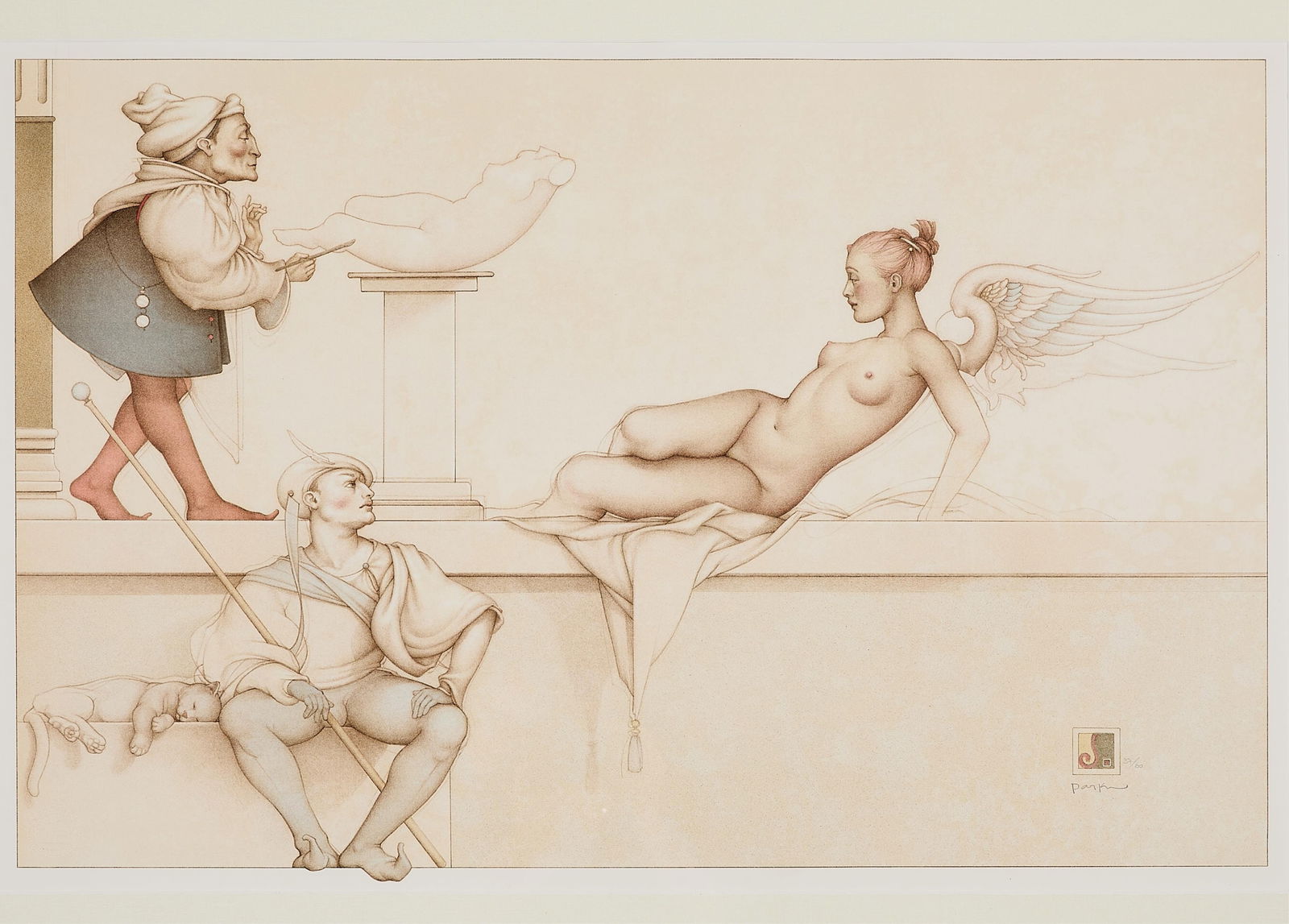 Michael Parkes "The Sculptor" Stone Lithograph: Michael Parkes (American, b. 1944). Stone lithograph on Zerkall Butten paper titled "The Sculptor," depicting a mythical scene, 2002. Pencil signed and numbered 37/60 along the lower right; blindstamp