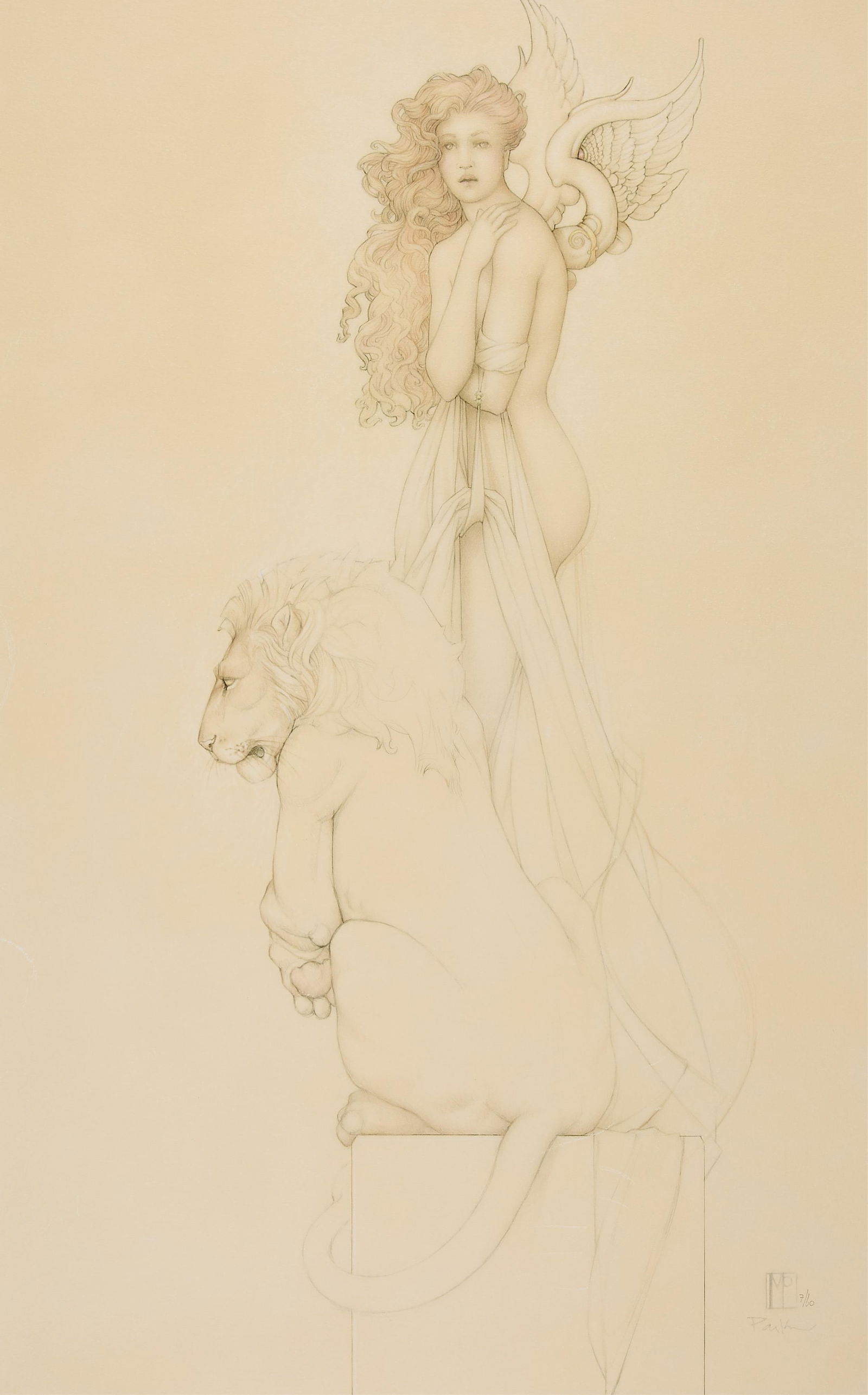 Michael Parkes "Last Lion" Giclee on Paper: Michael Parkes (American, b. 1944). Giclee on paper titled "Last Lion," depicting an angel beside a poised lion. Pencil signed, initialed, and numbered 7/60 along the lower right. With certificate of