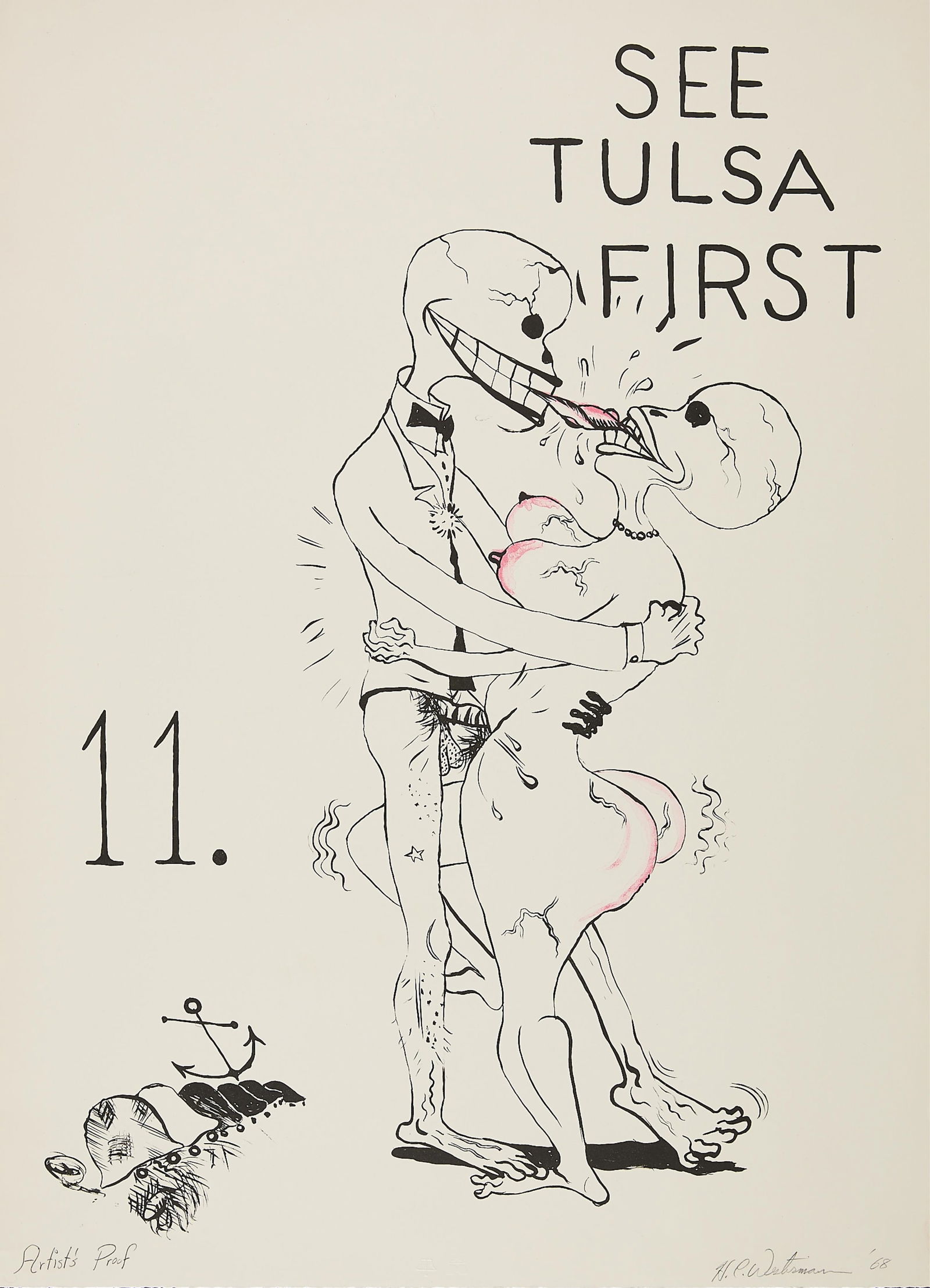 HC Westermann "See America First: Tulsa" Print: Horace Clifford Westermann (American, 1922-1981). Lithograph print in color on German etching paper from the "See America First" portfolio, 1968. Depicting two nude humanoid creatures in embrace. Penc
