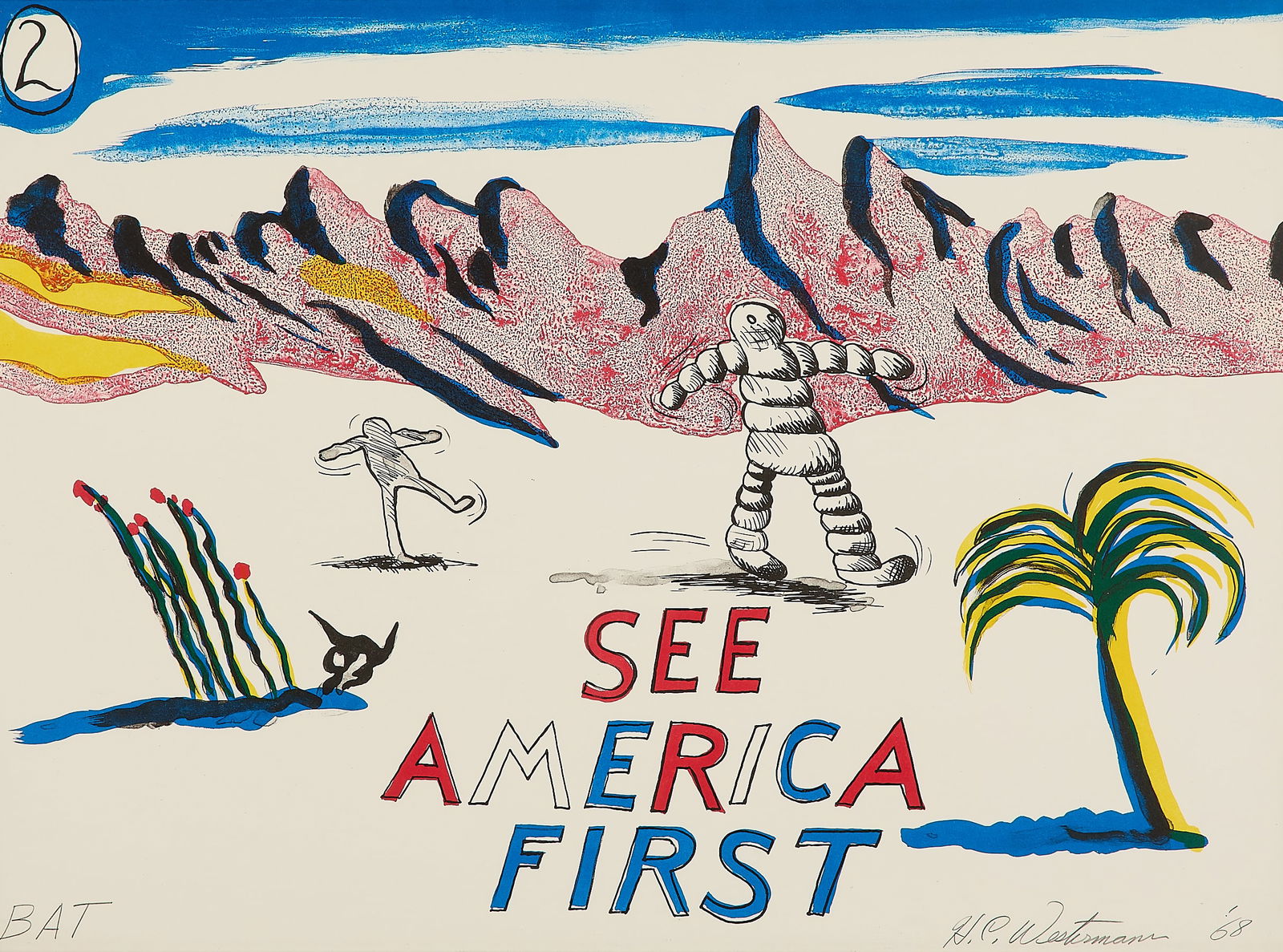 HC Westermann "See America First" Lithograph 1968: Horace Clifford Westermann (American, 1922-1981). Lithograph in color on German etching paper from the "See America First" portfolio, 1968. Depicting two figures amid a mountainous desert landscape; o