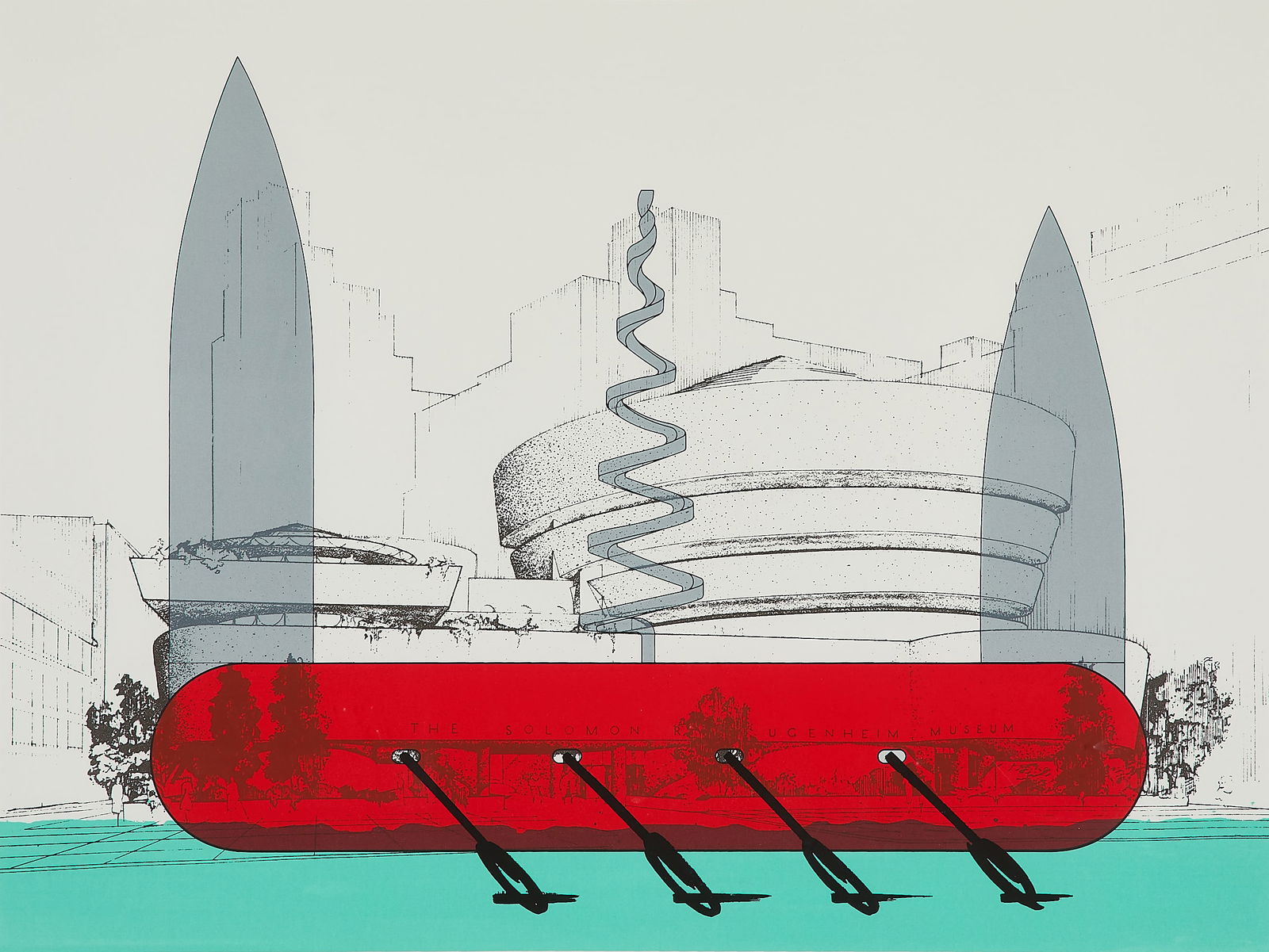 Claes Oldenburg "Knife Ship on Guggenheim" Print: Claes Oldenburg (Swedish/American, 1929-2022). Screenprint in colors on Coventry Rag paper titled "Knife Ship Superimposed on the Solomon R. Guggenheim Museum," 1986. Published by Multiples, Inc., New