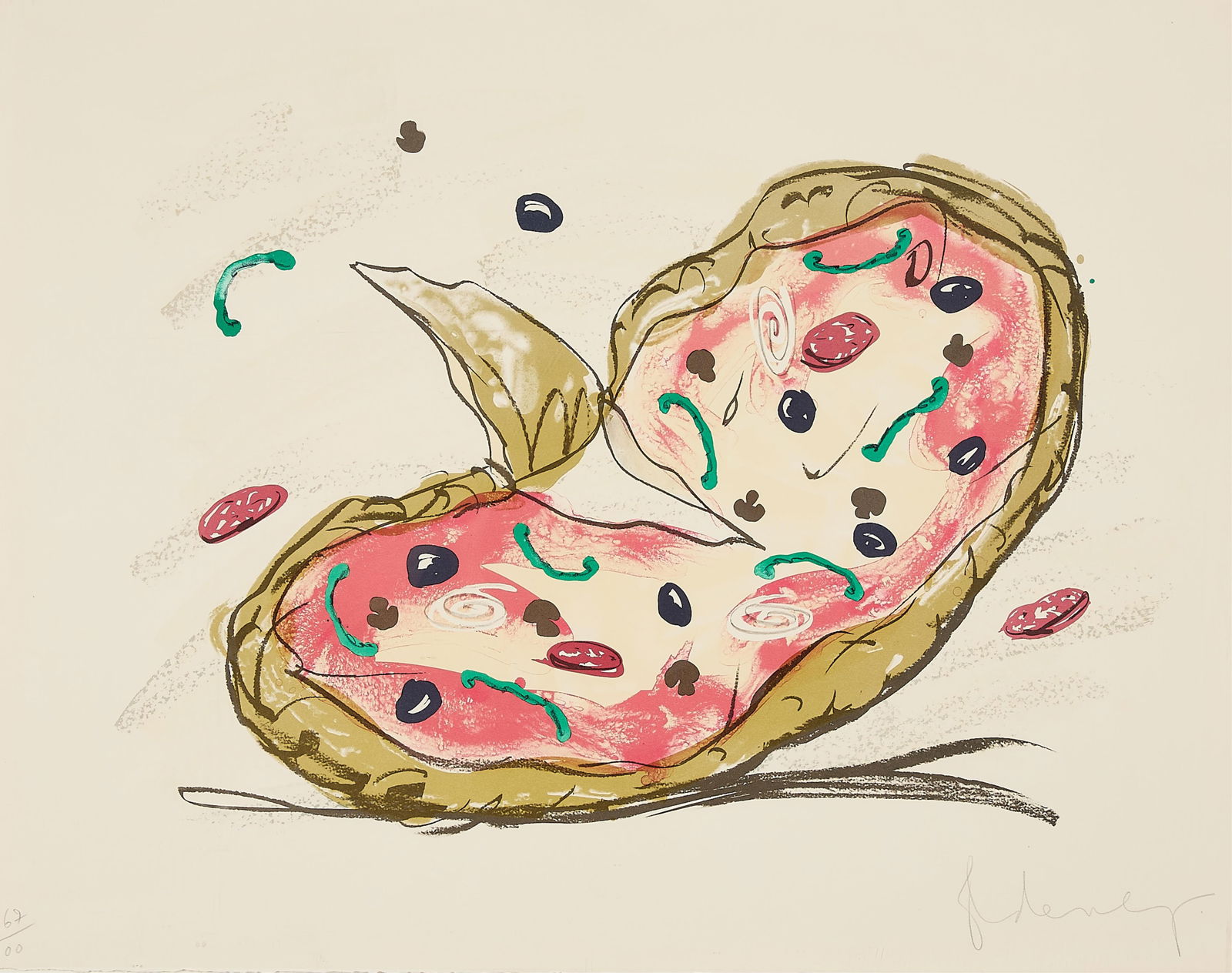 Claes Oldenburg "Pizza/Palette" Lithograph 1996: Claes Oldenburg (Swedish/American, 1929-2022). Lithograph in colors on paper titled "Pizza/Palette," 1996. Depicting a stylized artist's palette, rendered in the form of a pizza. Pencil signed along t
