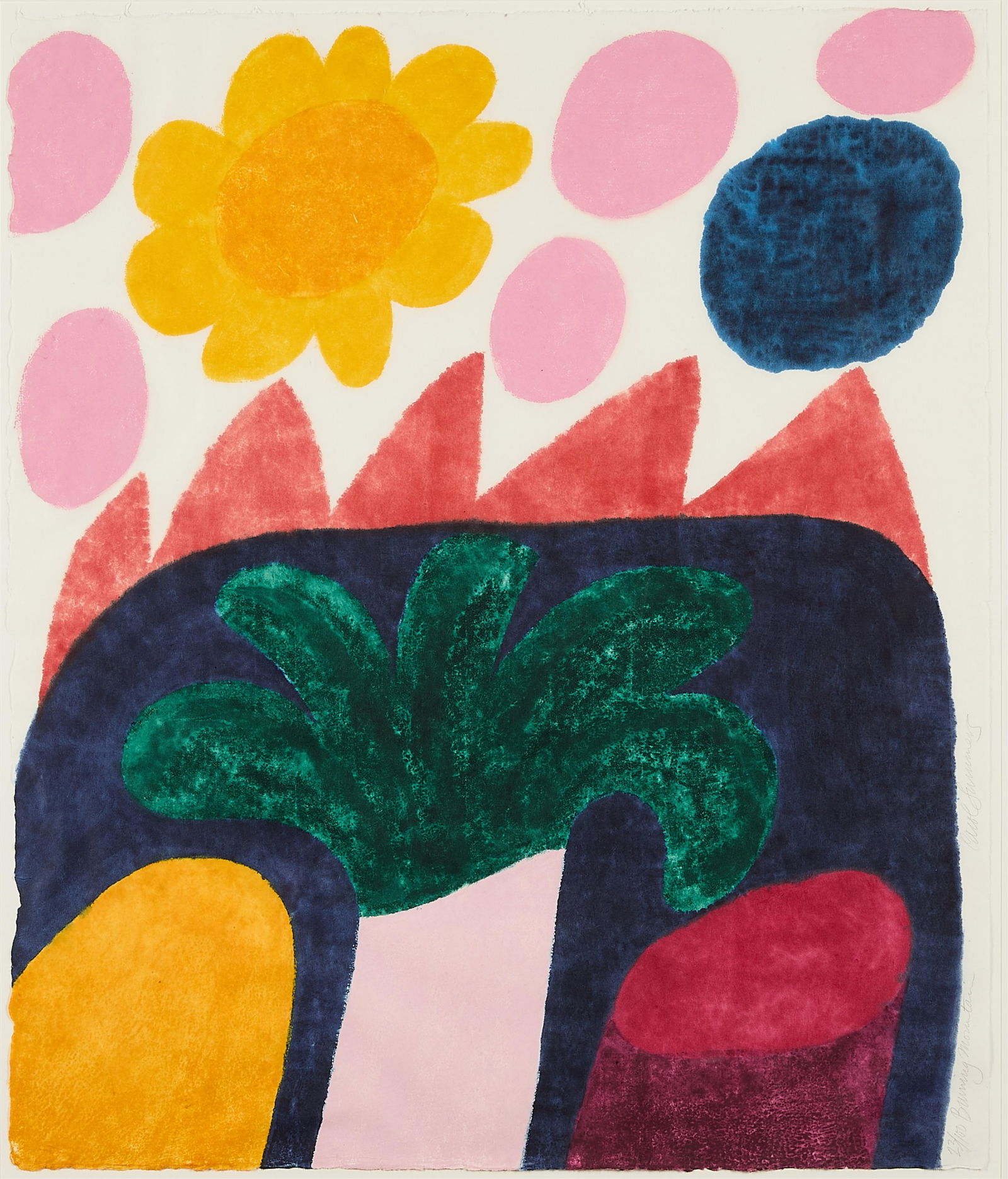 Carol Summers "Burning Mountain" Woodcut 1980: Carol Summers (American, 1925-2016). Woodcut print on paper titled "Burning Mountain," 1980. Depicting tropical motifs and floral forms executed in vibrant colors. Pencil signed, titled, and editioned