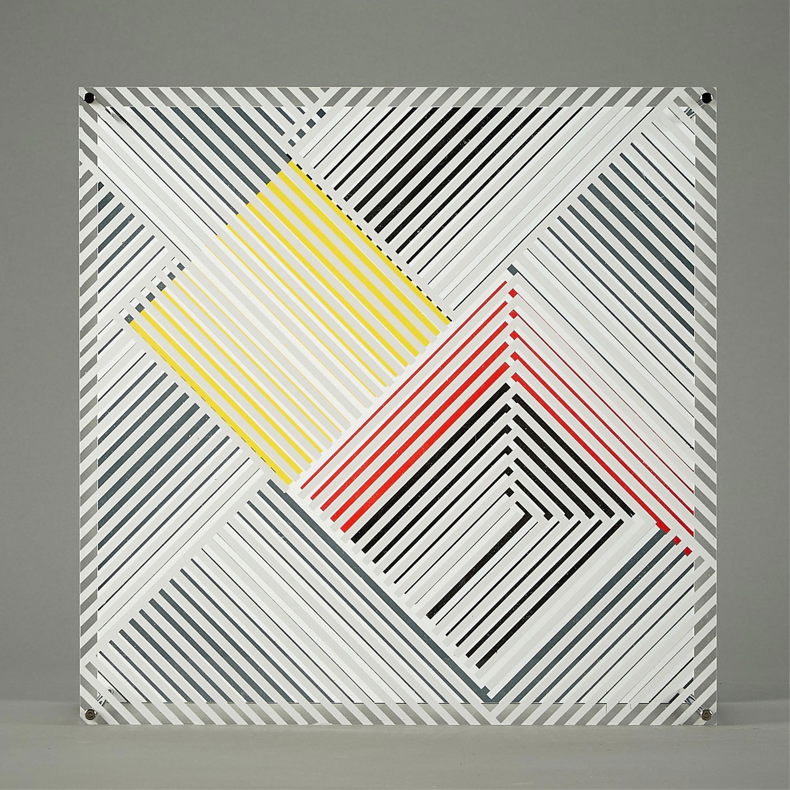 Jesus Rafael Soto "Structure Cinetique" Sculpture: Jesus Rafael Soto (Venezuelan, 1923-2005). Silkscreen on plexiglass Op-Art sculpture titled "Structure Cinetique," 1967. Depicting two layered panels with geometric motifs, examining the interaction o