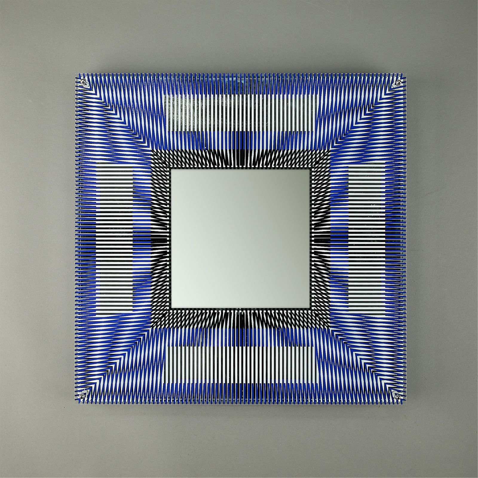 Jesus Rafael Soto "Miroirs d'Artistes" Sculpture: Jesus Rafael Soto (Venezuelan, 1923-2005). Mirrored glass and silkscreen printed plexiglass op-art 3D wall sculpture titled "Miroirs d'Artistes," 2005. Depicting patterned black and blue lines, creati