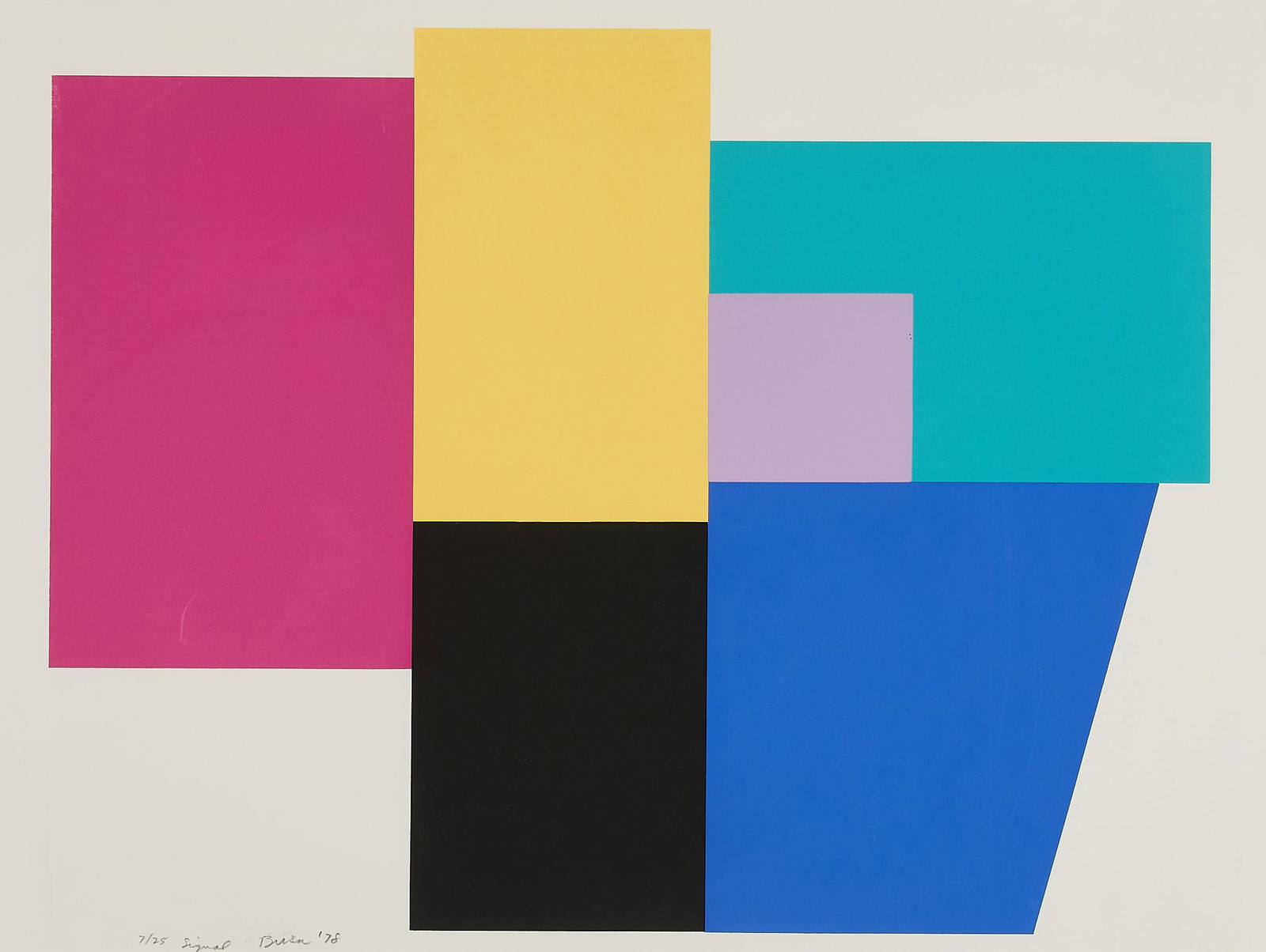 Peter Busa "Signal" Print 1978: Peter Busa (American, 1914-1985). Print titled "Signal," depicting geometric blocks of pink, yellow, black, and blue, 1978. Pencil signed, titled, dated, and numbered 7/25 along the lower left.Sight;