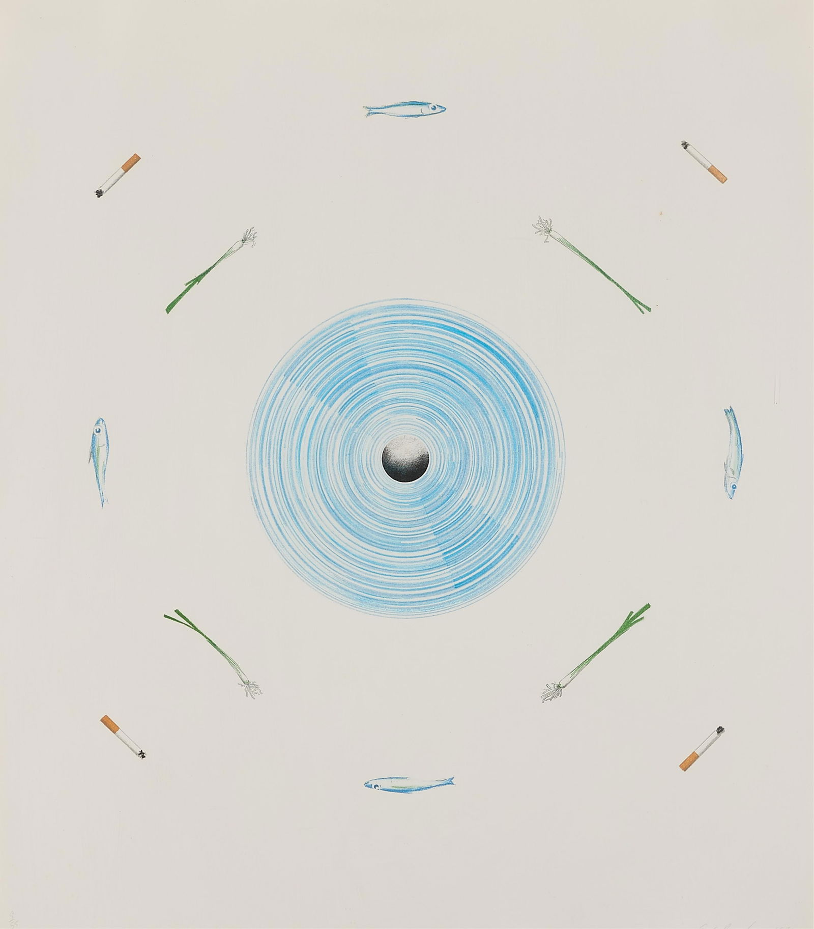 Ed Ruscha "Fan & Its Surroundings" Lithograph: Ed Ruscha (American, b. 1937). Lithograph on Arches paper print titled "Fan and Its Surroundings," from "The Global Editions" series, 1982. Printed by Robert Gringras and co-published by Cirrus Editio