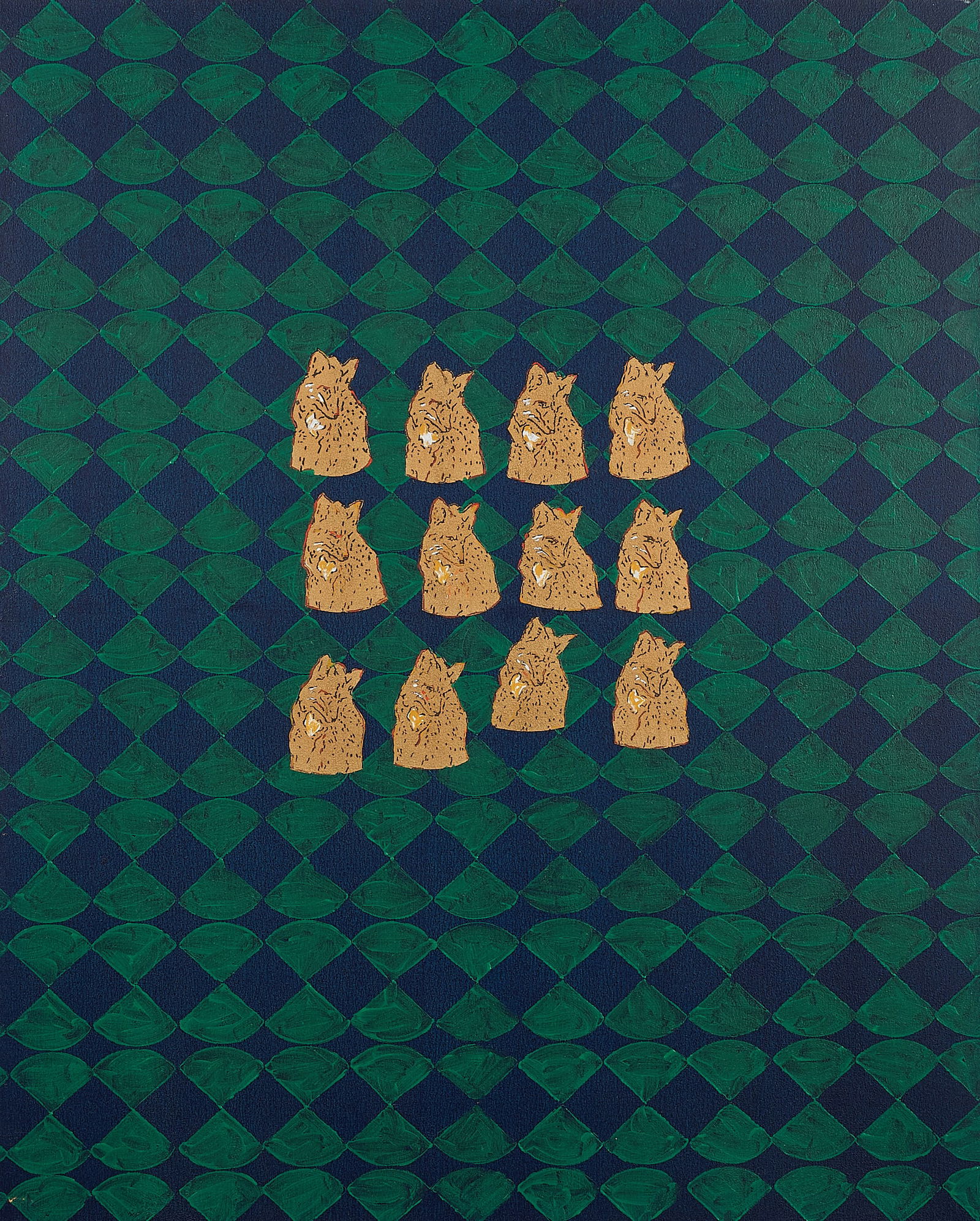 David Amico "Renard" Oil Painting 1990: David Amico (American, b. 1951). Large oil on canvas painting titled "Renard (Fox)" from the "Renard Series," 1990. Depicting 12 foxes arranged in a grid against a blue and green background. Signed, t