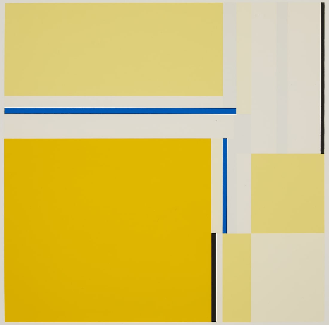 Ilya Bolotowsky "Yellow Square" Silkscreen 1979: Ilya Bolotowsky (Russian, 1907-1981). Silkscreen print on B.F.K. Rives paper print depicting a modern and abstract geometric design composed of layered blue lines and white rectangular forms within a