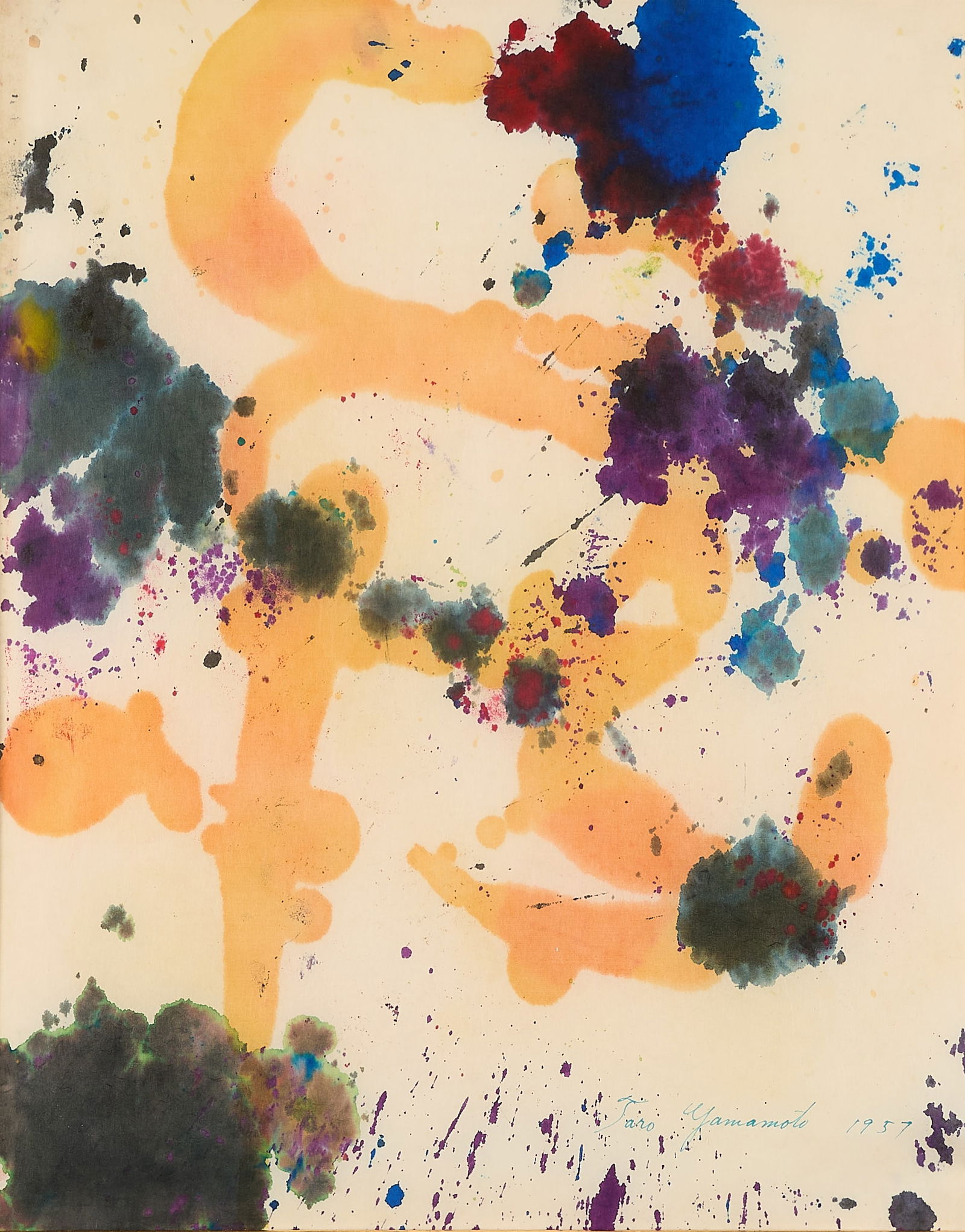 Taro Yamamoto AbEx Watercolor 1957: Taro Yamamoto (American, 1919-1994). Abstract Expressionist watercolor on paper painting, 1957. Signed and dated along the lower right.Provenance: Originally part of the Chrysler Collection, New York;