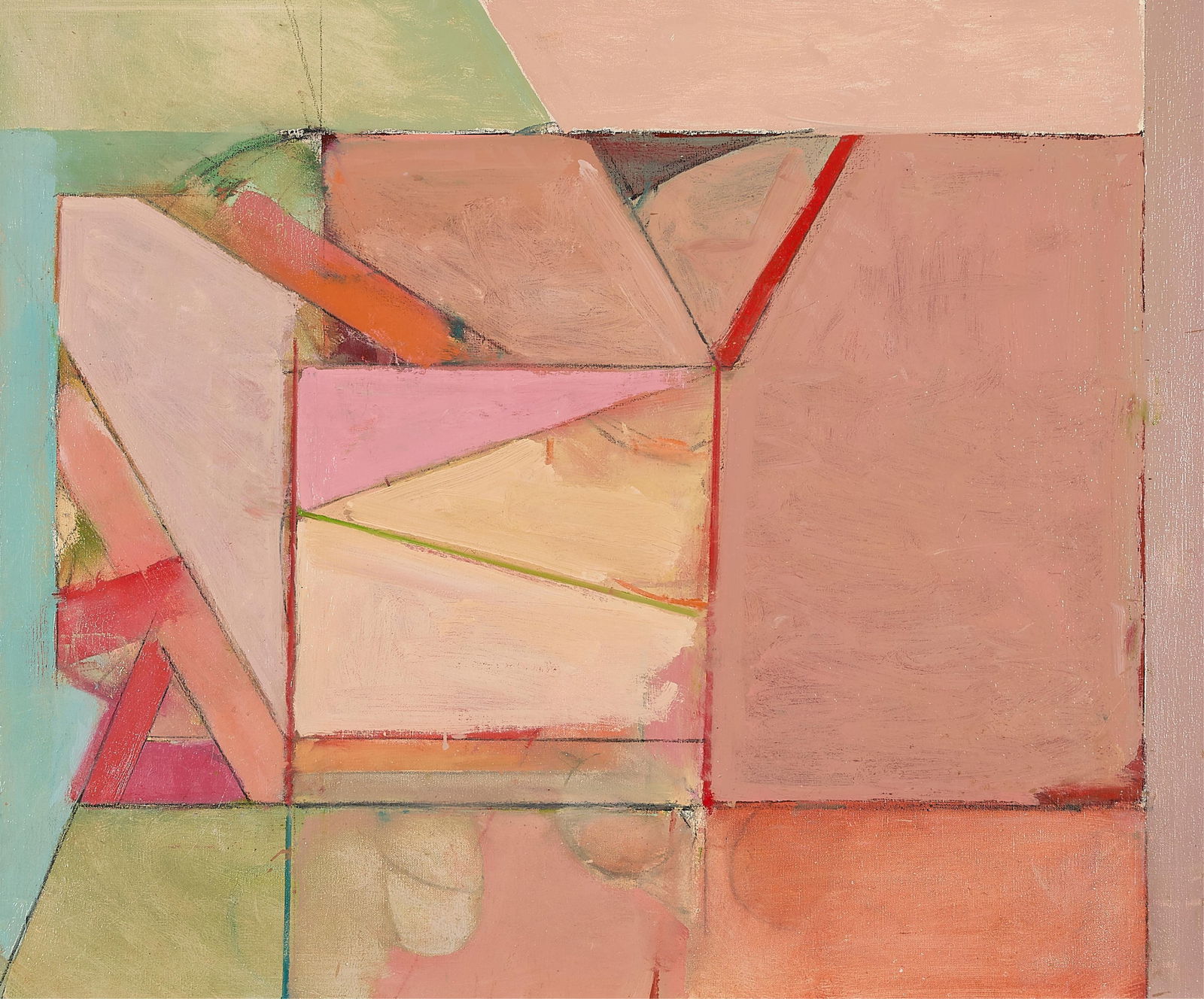 Doug Salveson "Park Edge" Abstract Oil on Canvas: Doug Salveson (American, b. 1947). Oil on canvas painting titled "Park Edge," depicting abstract geometric forms in pastel colors, 1982. Signed, titled, and dated along the verso. Sight; height: 30