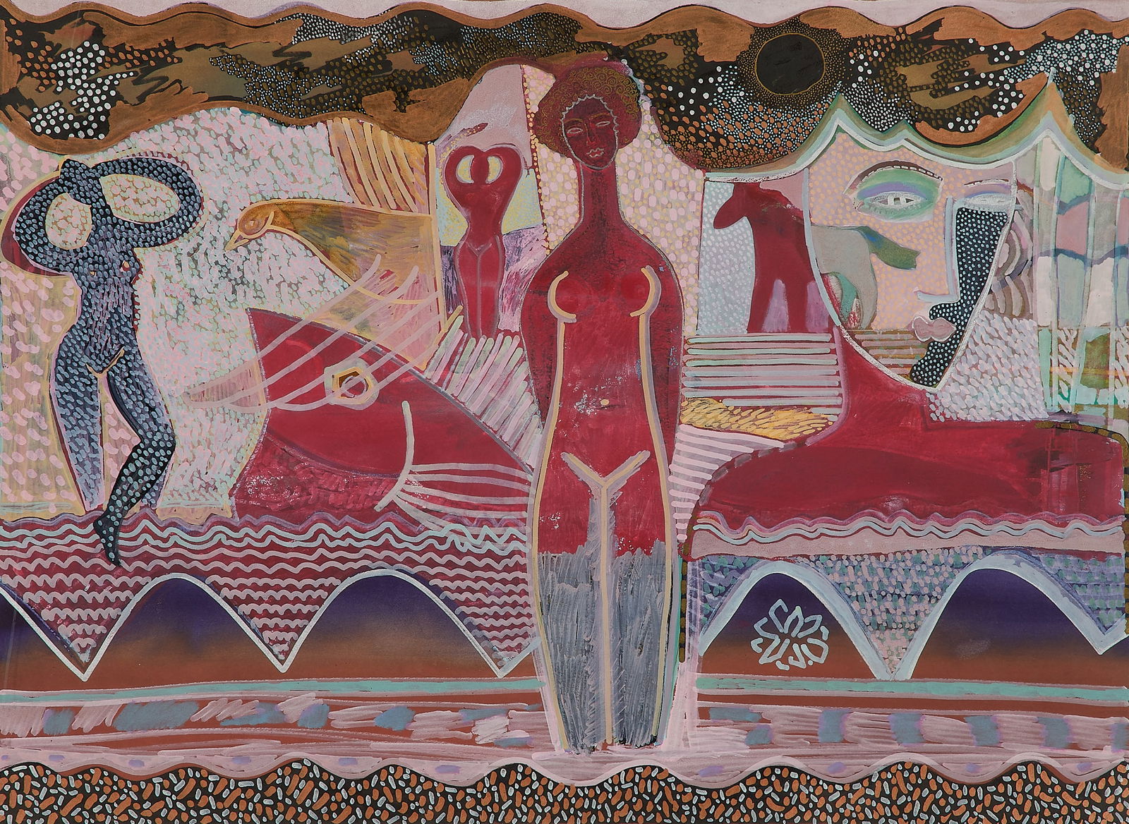 Leon Hushcha Abstract Acrylic Painting: Leon Hushcha (Ukrainian/American, b. 1946). Acrylic painting on paper depicting abstract nude figures amid a colorful geometric scene, 20th century. Provenance: By repute, purchased from Elayne