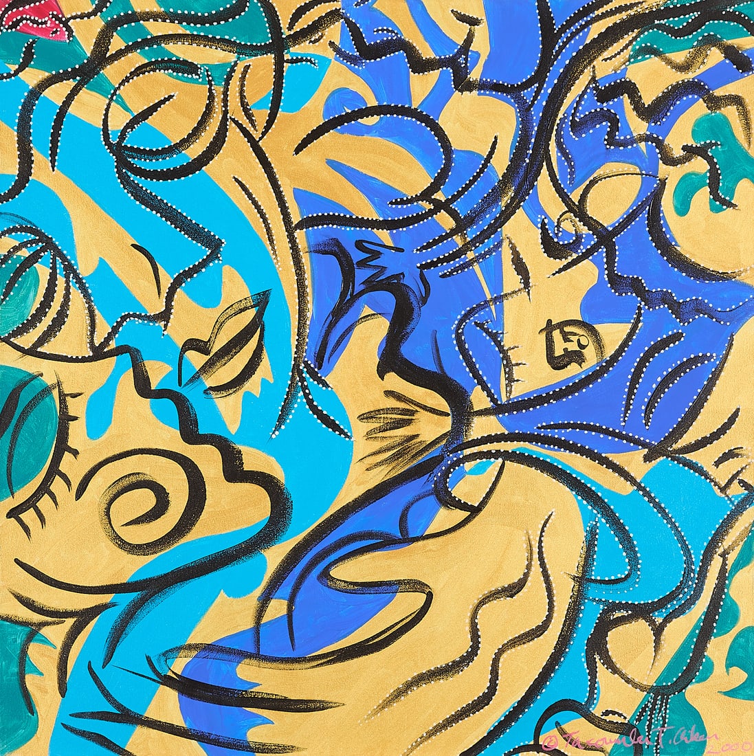 Ta-coumba T. Aiken Abstract Painting 2000: Ta-coumba T. Aiken (American, b. 1952). Acrylic on canvas painting depicting embracing figures in Aiken's signature 'superlative realism' style, 2000. Signed and dated along the lower right. 